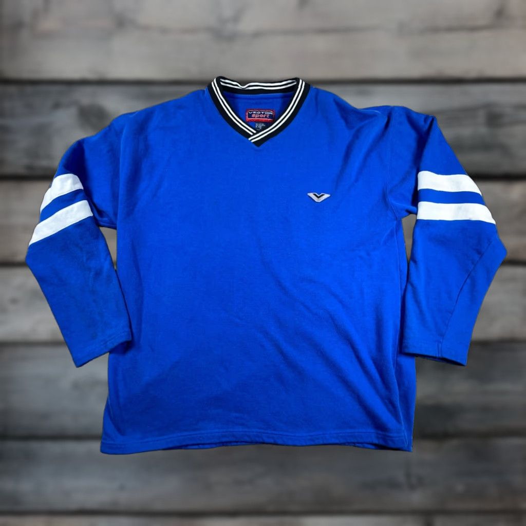 Vintage VINTAGE 90s PREPPY Striped Sleeve V-Neck Sweatshirt Adult XL Blue Lightweight Shirt Mens Size US XL / EU 56 / 4 - 1 Thumbnail