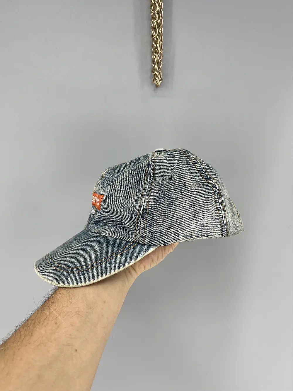 Levi's 80s Levis Denim Trucker Hat Leather Patch Strap Back Foam Size ONE SIZE - 2 Thumbnail