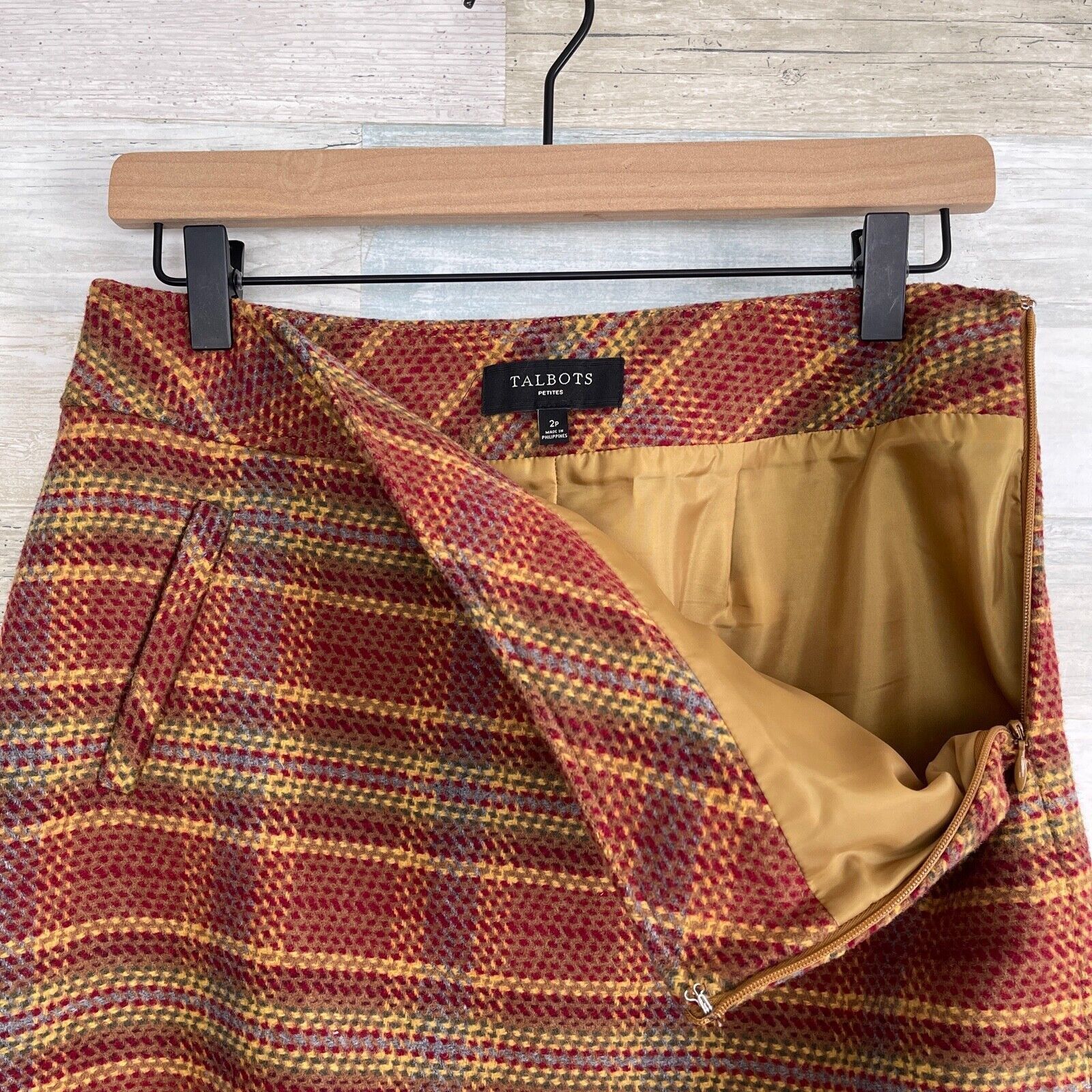 Other Talbots Tweed Wool Pencil Skirt Red Brown Plaid Pockets 2P Size 29" - 4 Thumbnail