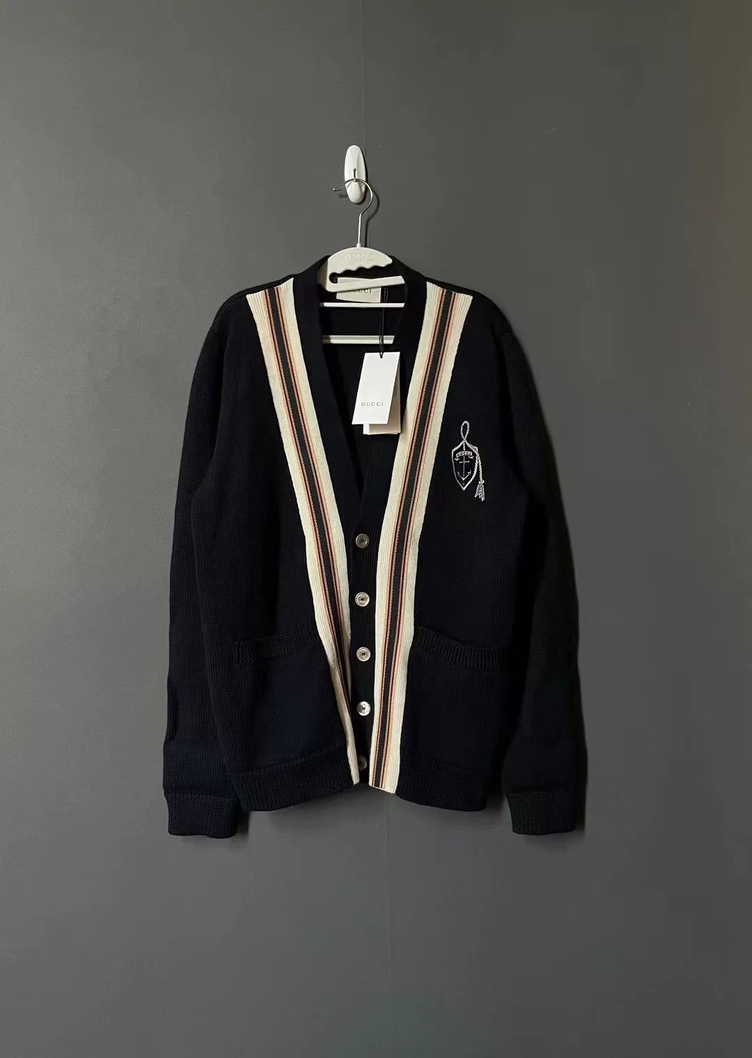 gucci anchor emblem cardigan in navy