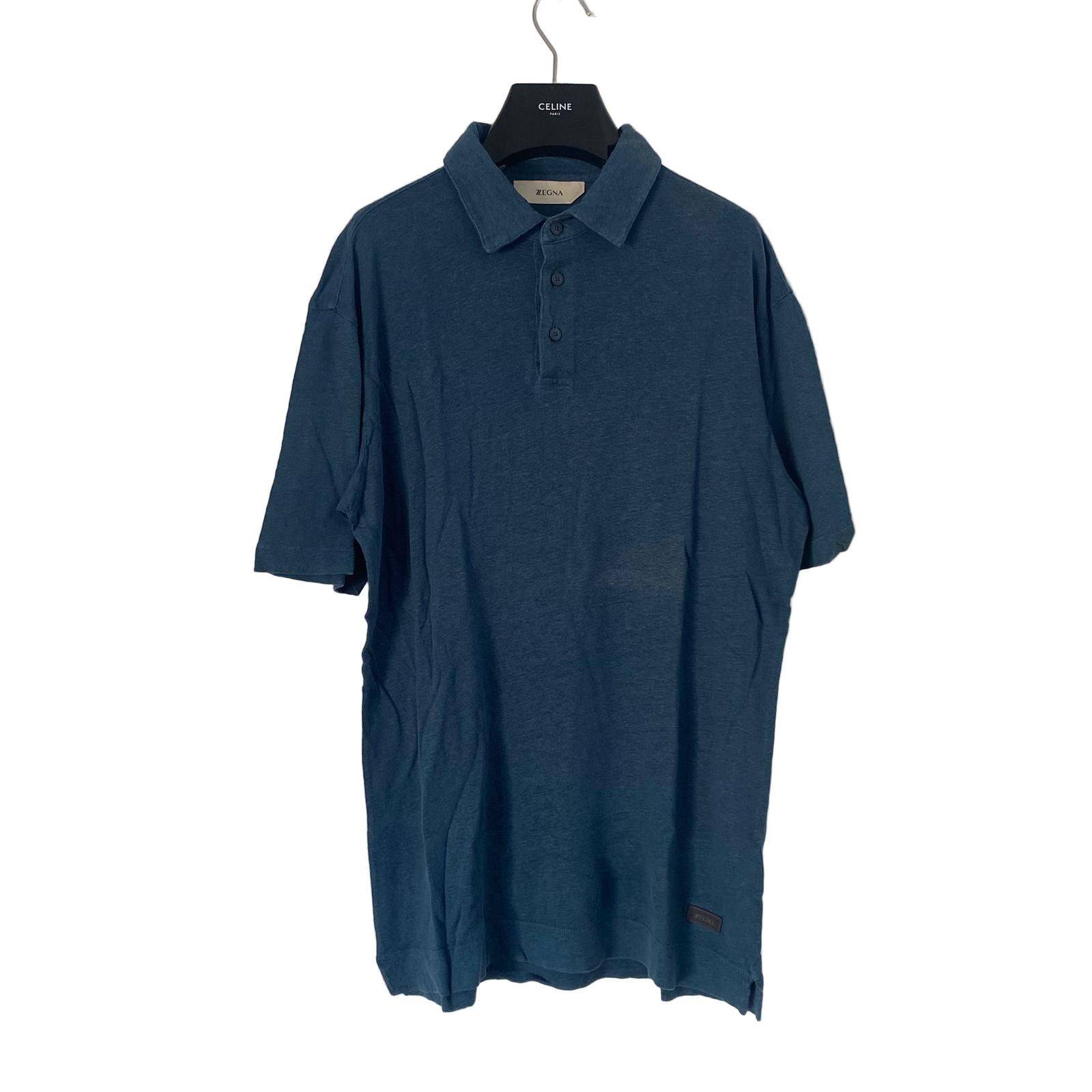 Z Zegna Blue Linen Patch Logo Polo Size US S / EU 44-46 / 1 - 1 Thumbnail