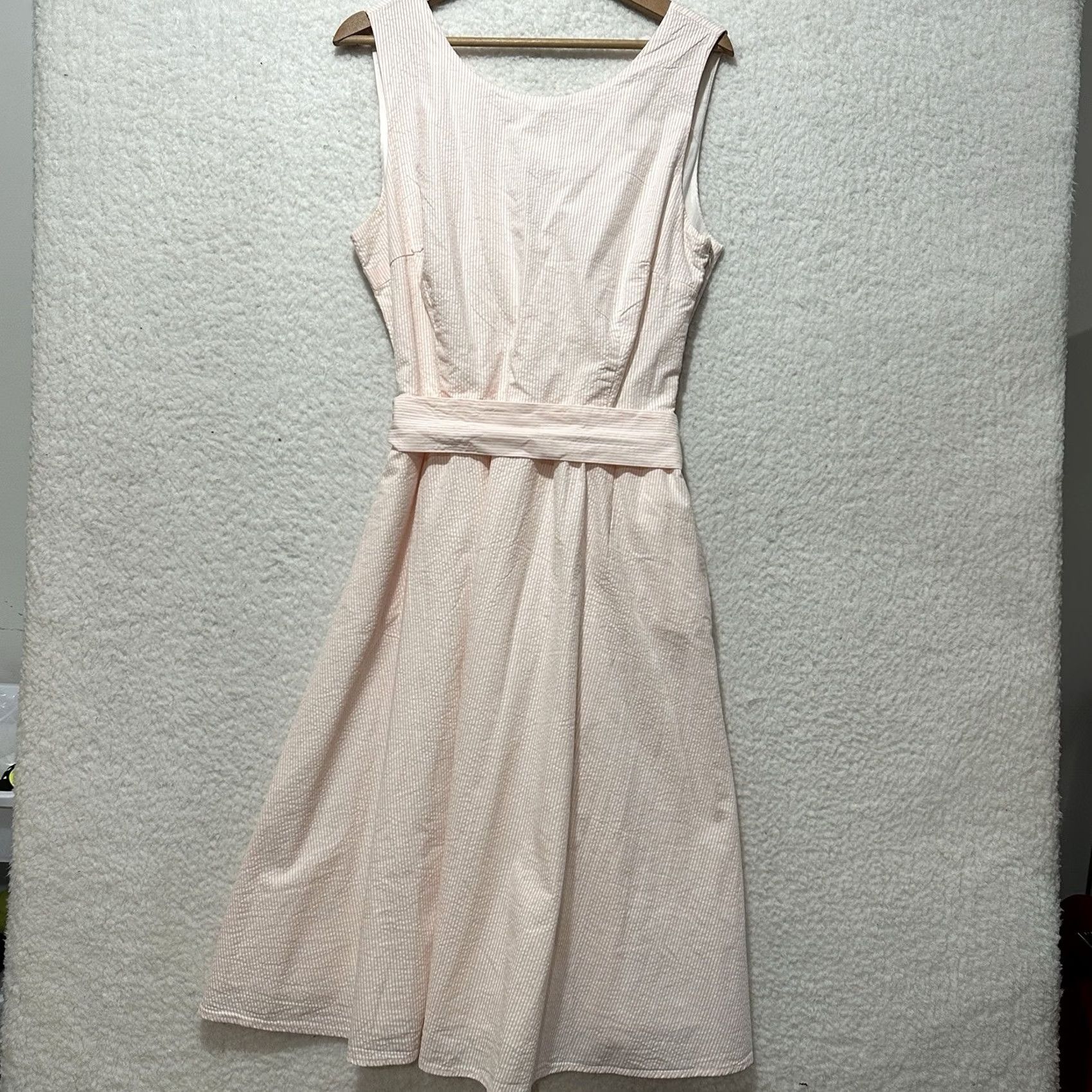 Vintage Hope & Henry Organic Cotton Seersucker Belted Dress Womens Sleeveless Pockets 14 Size XL / US 12-14 / IT 48-50 - 2 Thumbnail