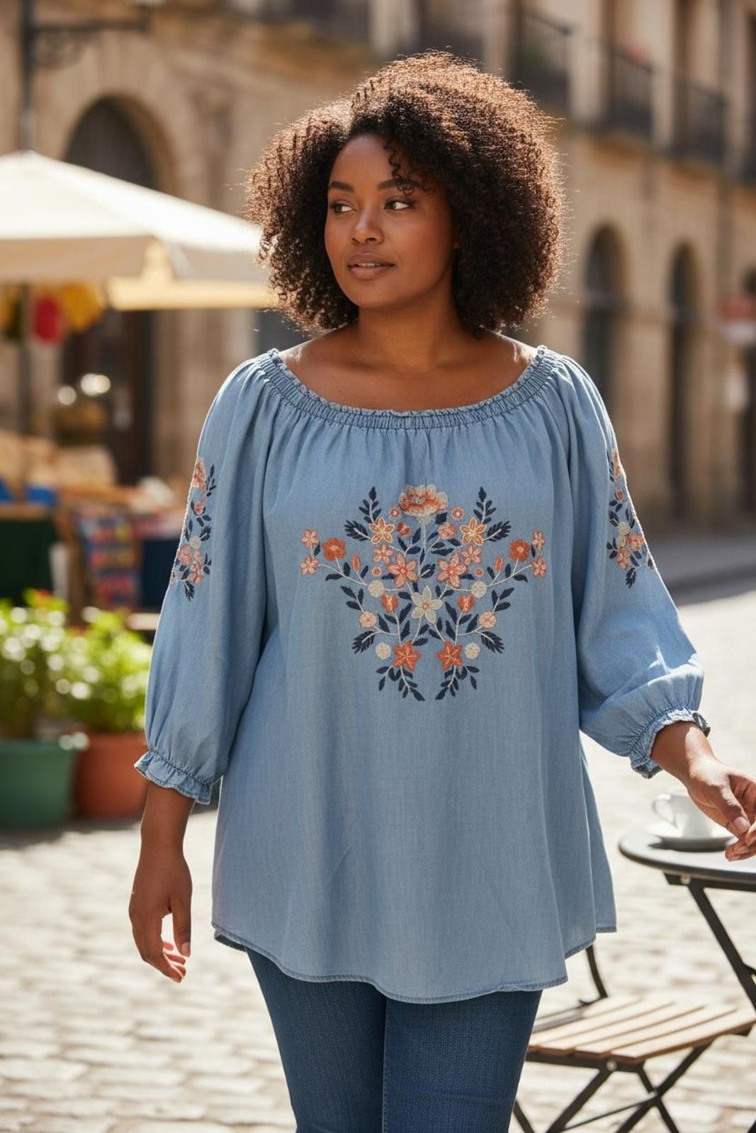 Other Westport Blue Embroidered Off-Shoulder Blouse Size XXL / US 16-18 / IT 52-54 - 2 Thumbnail