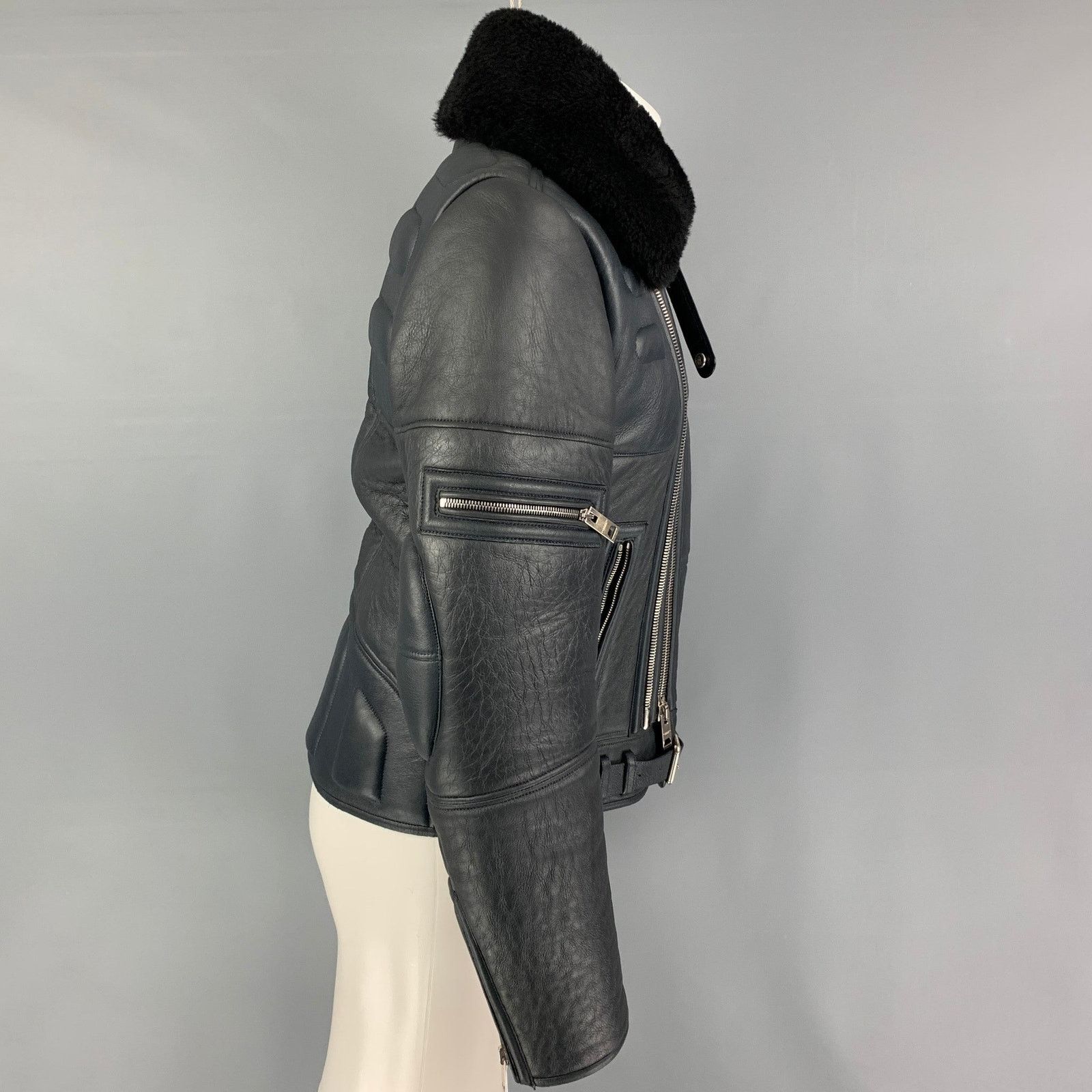 Burberry Prorsum FW 2010 38 Blue Black Lamb Leather Shearling Biker Jacket Size US M / EU 48-50 / 2 - 4 Thumbnail