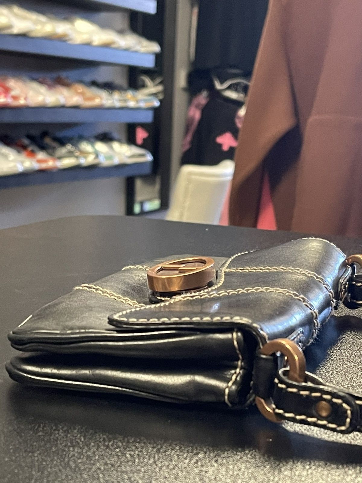 Gucci Vintage Black Leather GG Buckle Detail Shoulder Bag