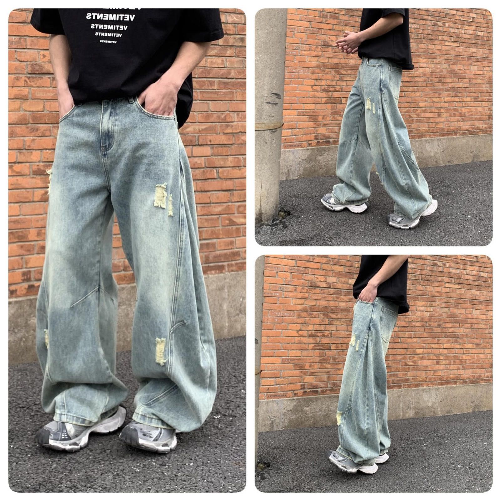 Jean Light Blue Distressed Baggy Wide Leg Jeans, Relaxed Fit Size US 30 / EU 46 - 5 Thumbnail