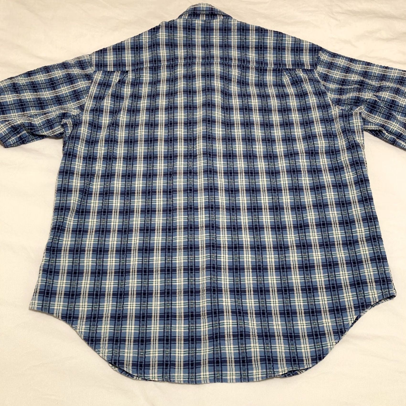 Vintage L.L. Bean Men's Large Short Sleeve Button Down Pocket Shirt Blue Chamois Cotton Plaid Regular Size US L / EU 52-54 / 3 - 6 Thumbnail