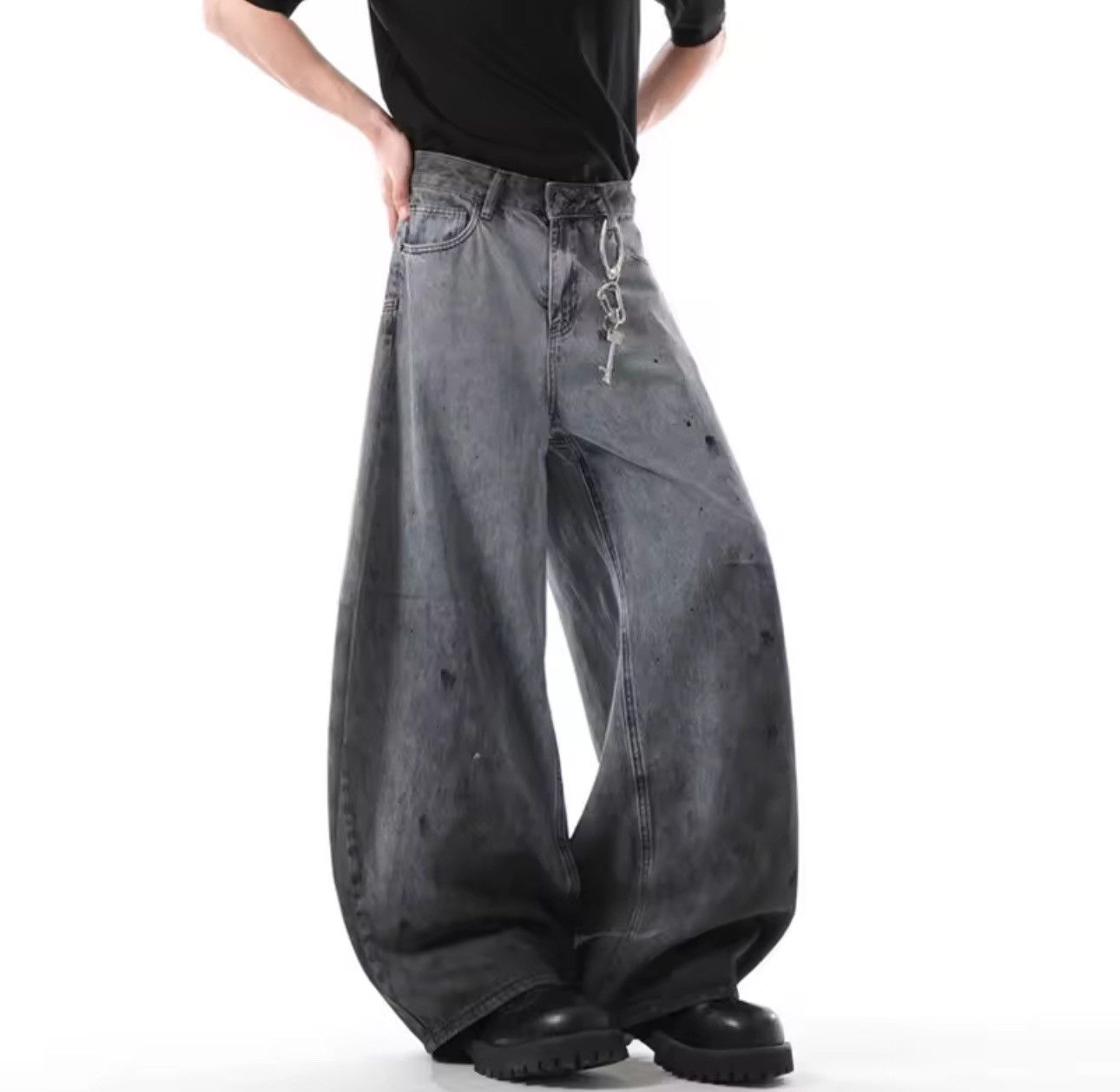 Jean Washed Dirty High Street Wide Leg Designer Jeans Pants Size US 30 / EU 46 - 2 Thumbnail