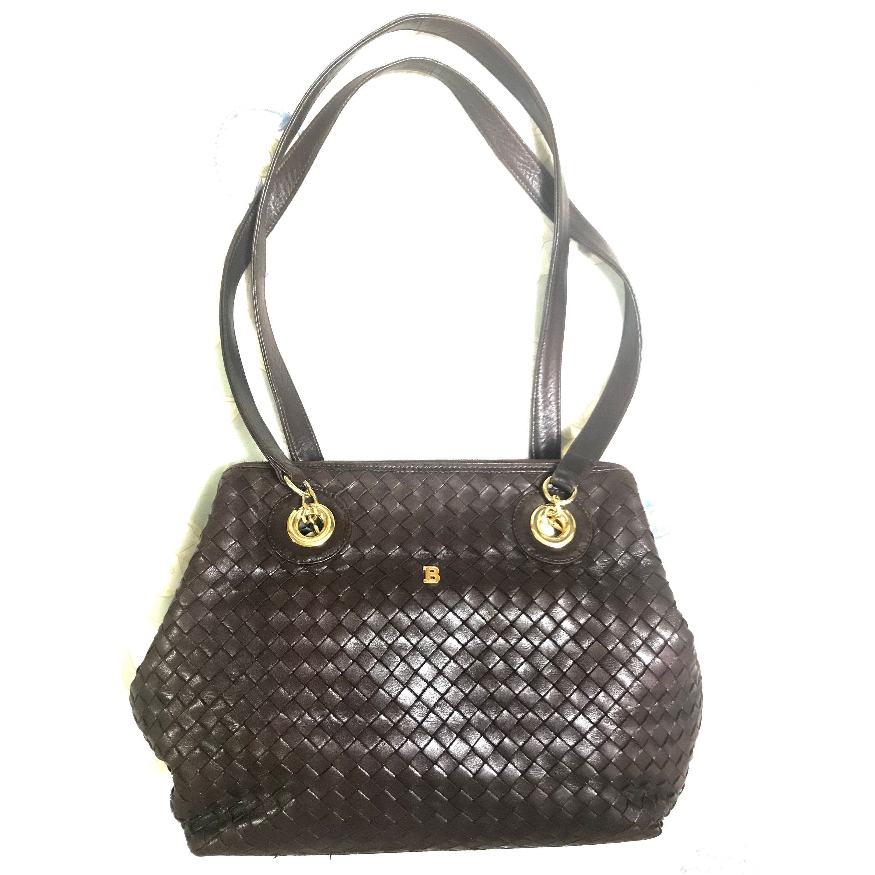 image of Vintage Bally Dark Brown Lamb Leather Woven, Intrecciato Bag, Women's