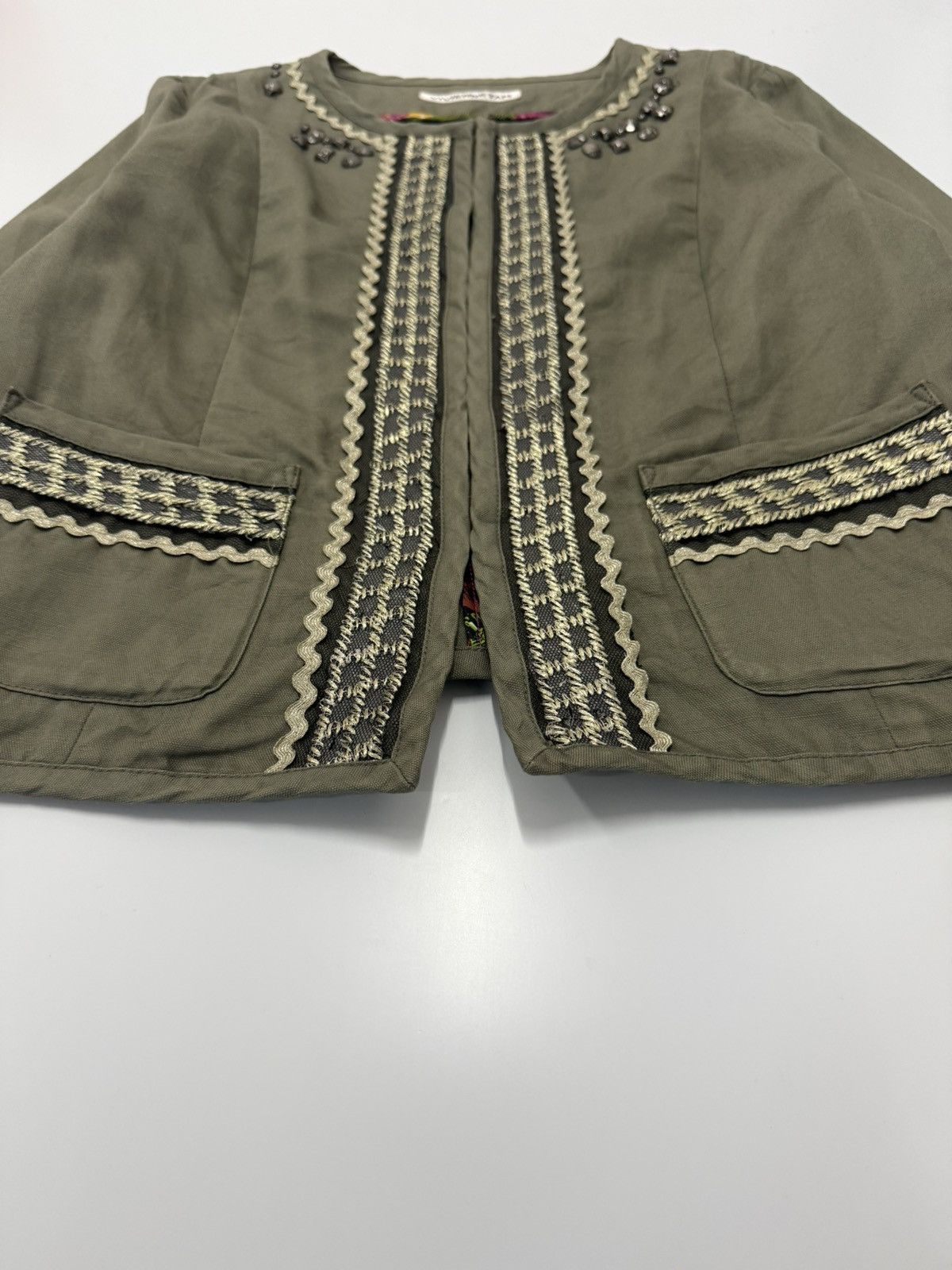 Vivienne Tam 🔥 90s Vivienne Tam Olive Cropped Jacket Boho Beaded Designer Size S / US 4 / IT 40 - 4 Thumbnail