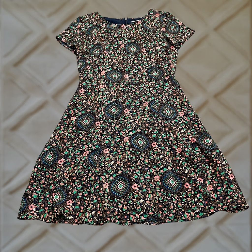 J.Crew J.CREW Flutter Floral Midi Dress Womens 2 Navy Blue Casual A-Line Lined Short Sleeve Size XS / US 0-2 / IT 36-38 - 1 Thumbnail