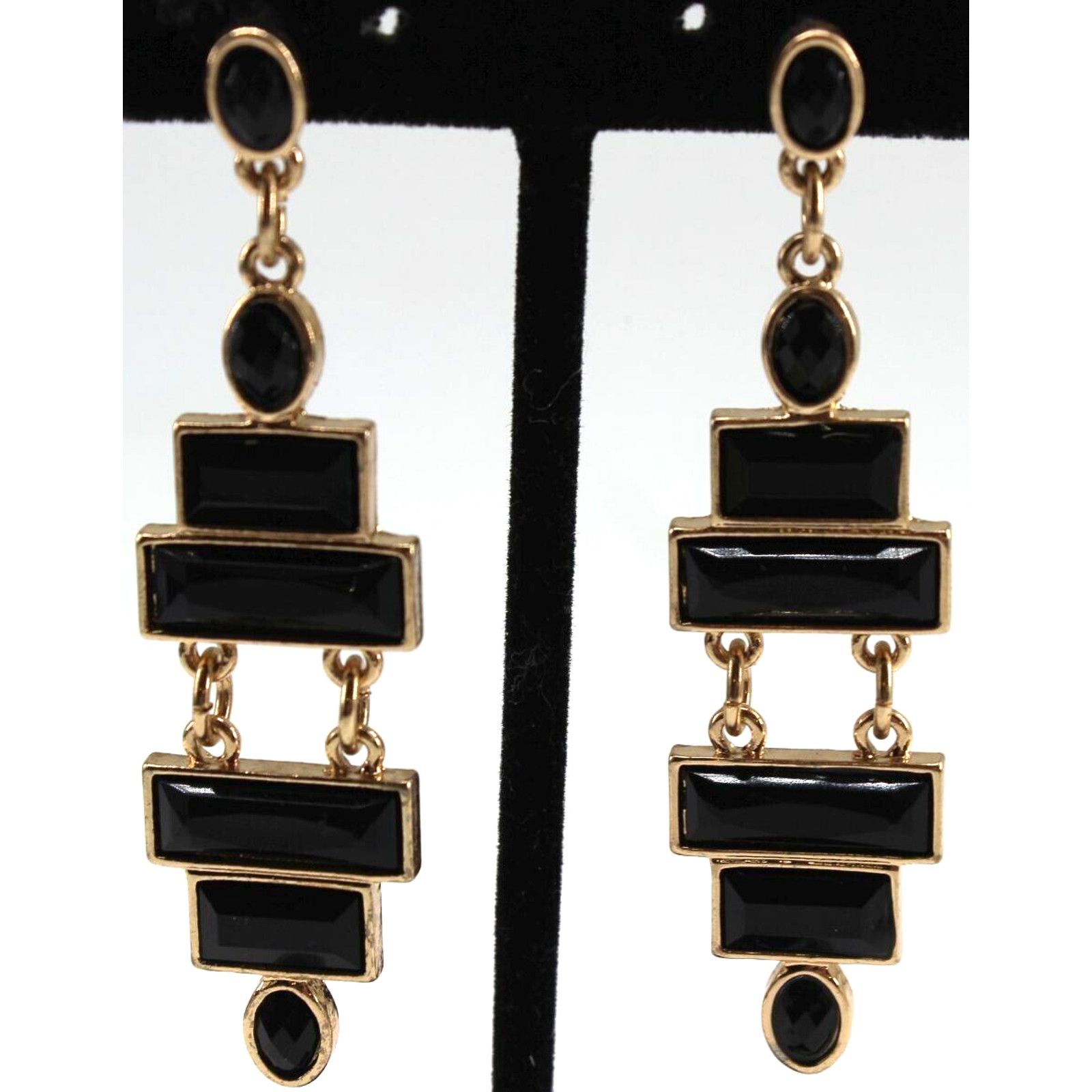 Other Goldtone Dangle Earrings Rectangular Oval Faux Ebony •2-3/4" Size ONE SIZE - 1 Thumbnail