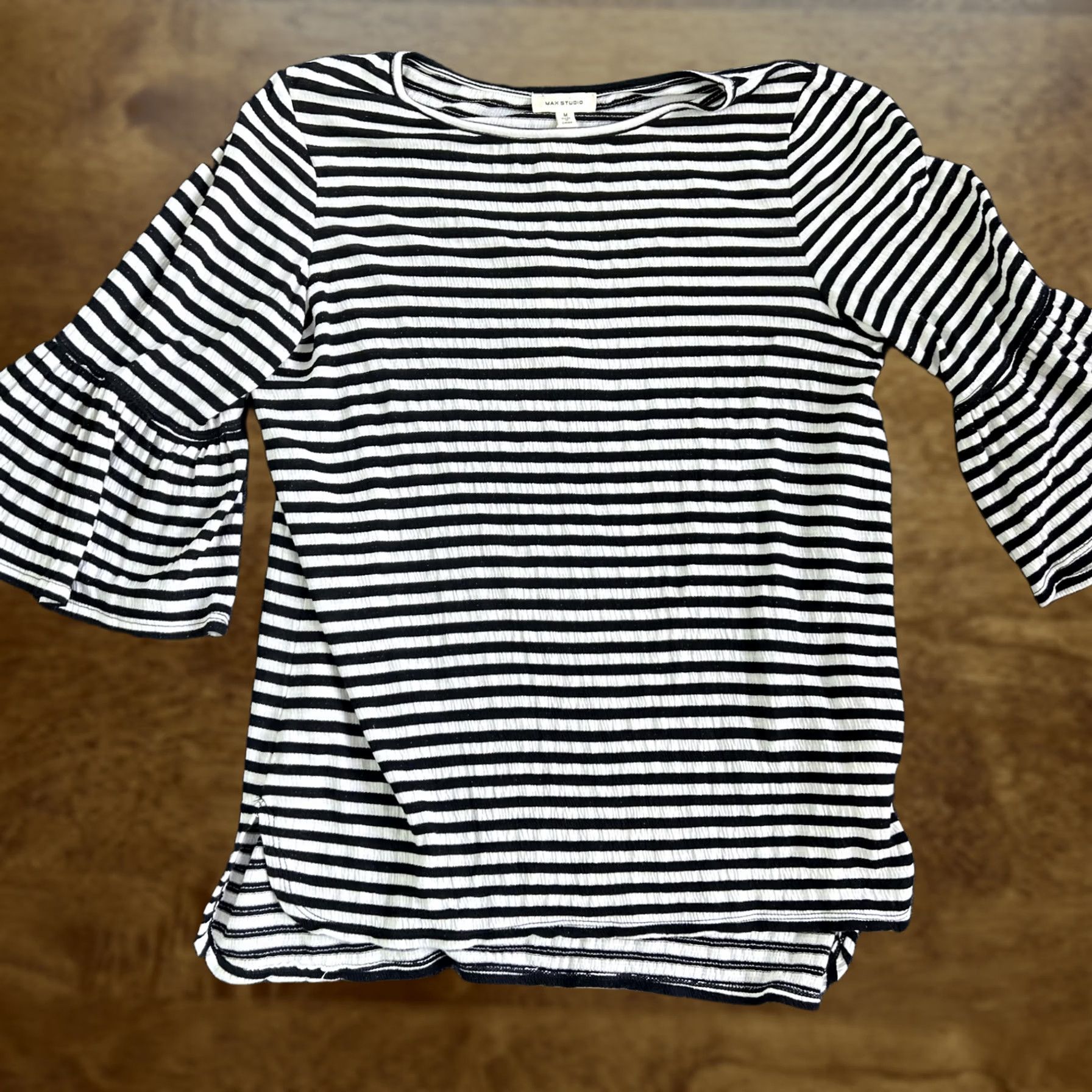 Vintage Max Studio Shirt Womens Medium Black White Stripe Ruffle Bell 3/4 Sleeve Crew Neck Jersey Top Size M / US 6-8 / IT 42-44 - 1 Thumbnail