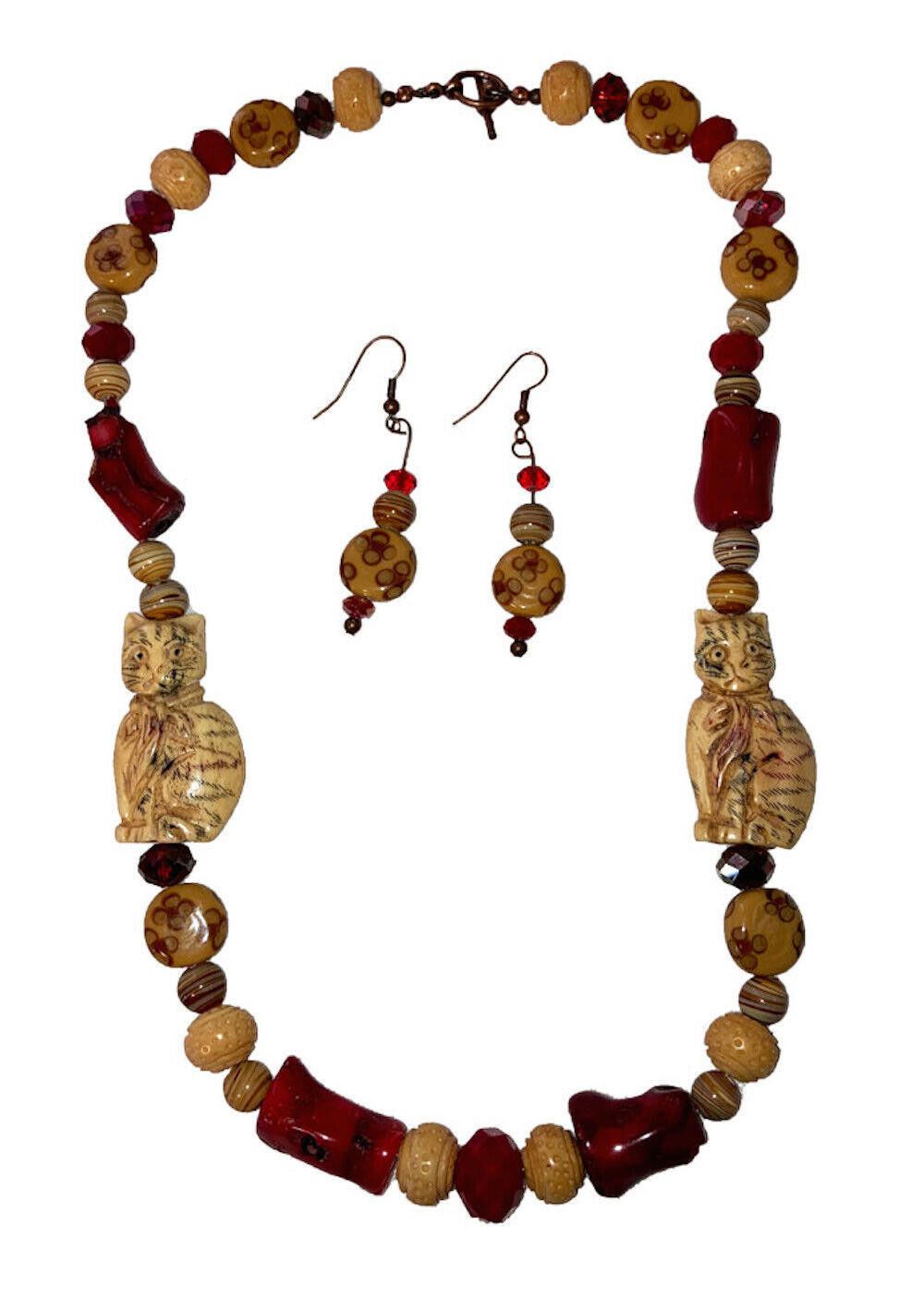 Designer Cat Bone Crystal Glass and Red Coral Bead Necklace Earring Size ONE SIZE - 2 Thumbnail