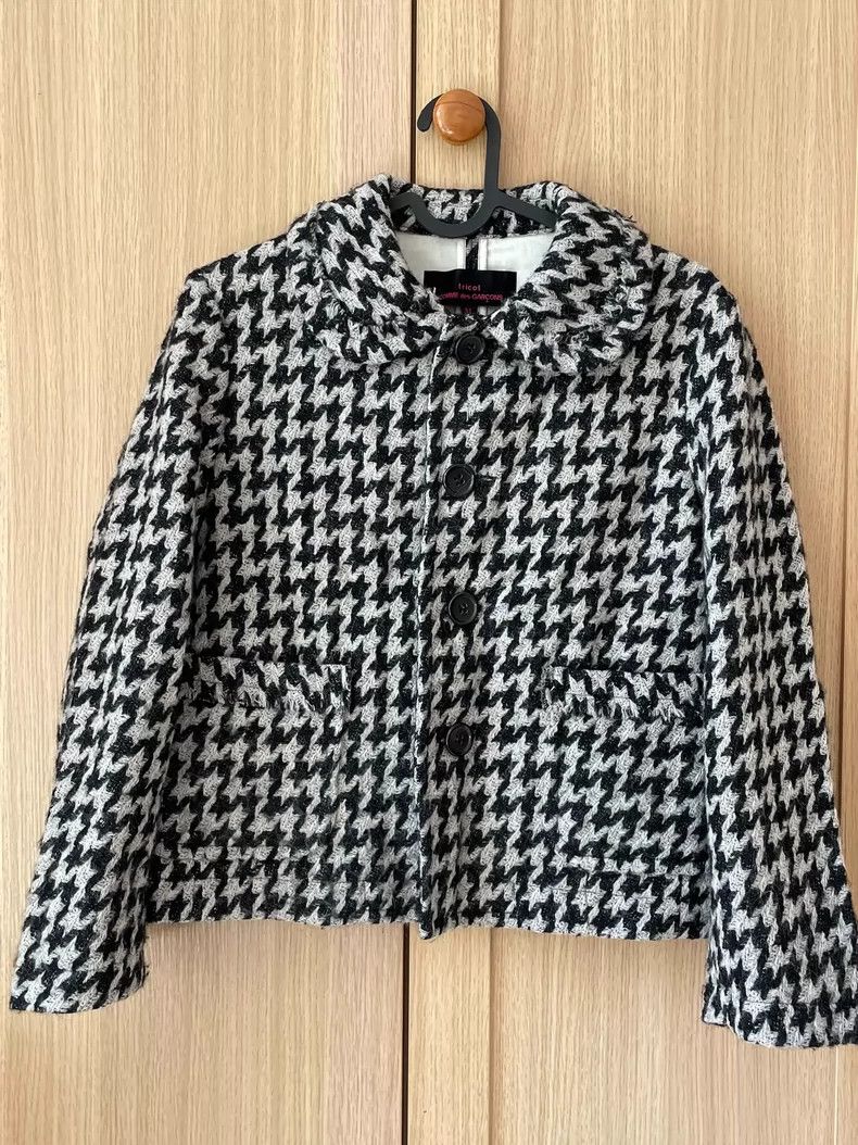 Comme Des Garcons Houndstooth wool doll-neck blazer short