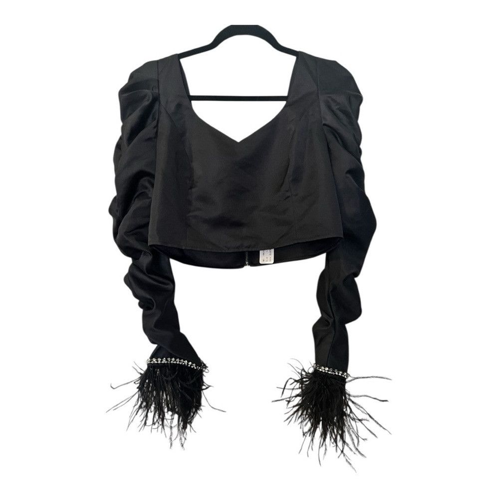 Other Black Satin Feather Sleeve Crop Top | Rhinestone Cuff | Par Size L / US 10 / IT 46 - 2 Thumbnail
