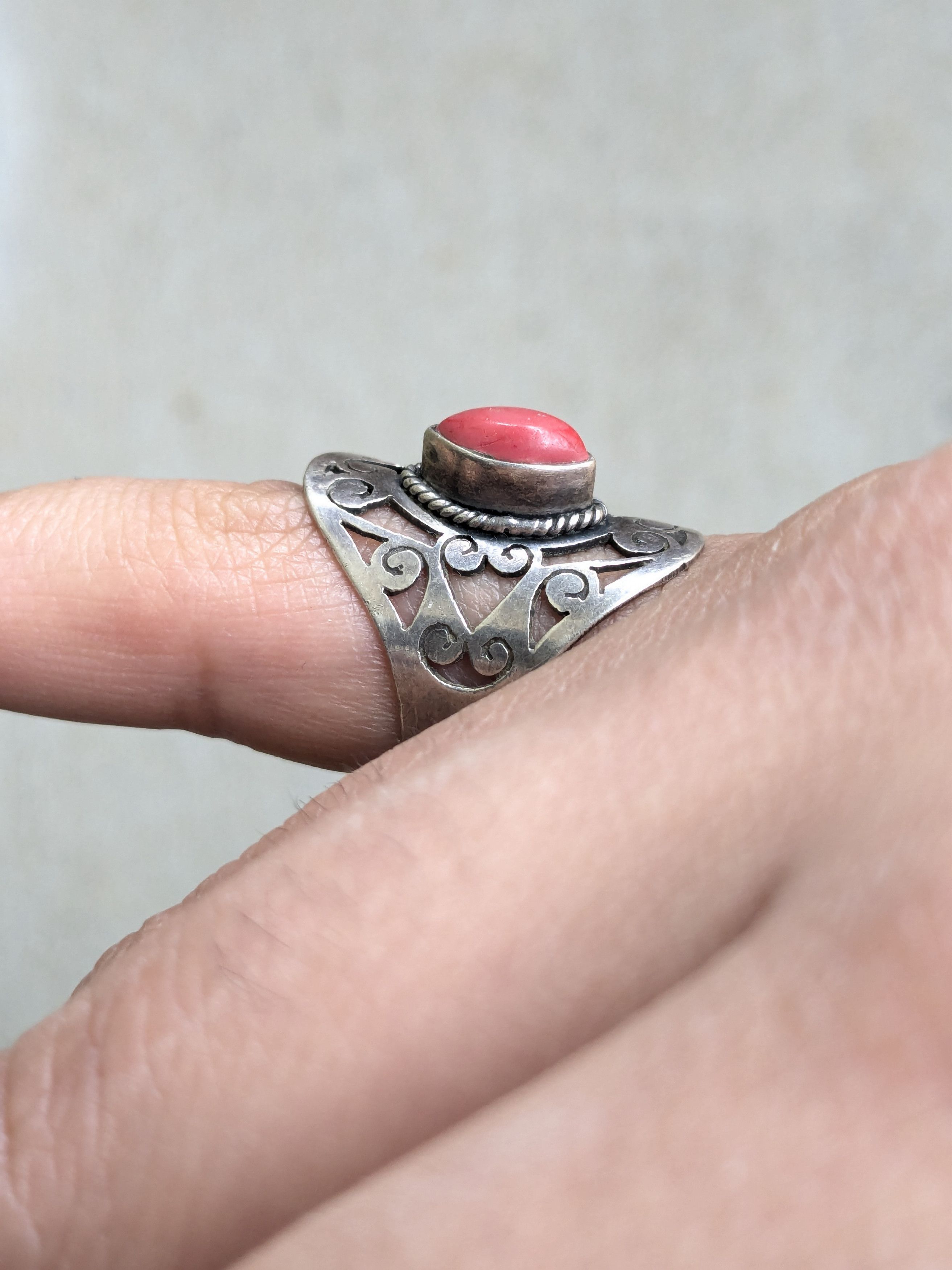 Jewelry × Sterling Silver Vintage Sterling Silver Ring 7.5 Red Coral Marquise Size ONE SIZE - 9 Thumbnail