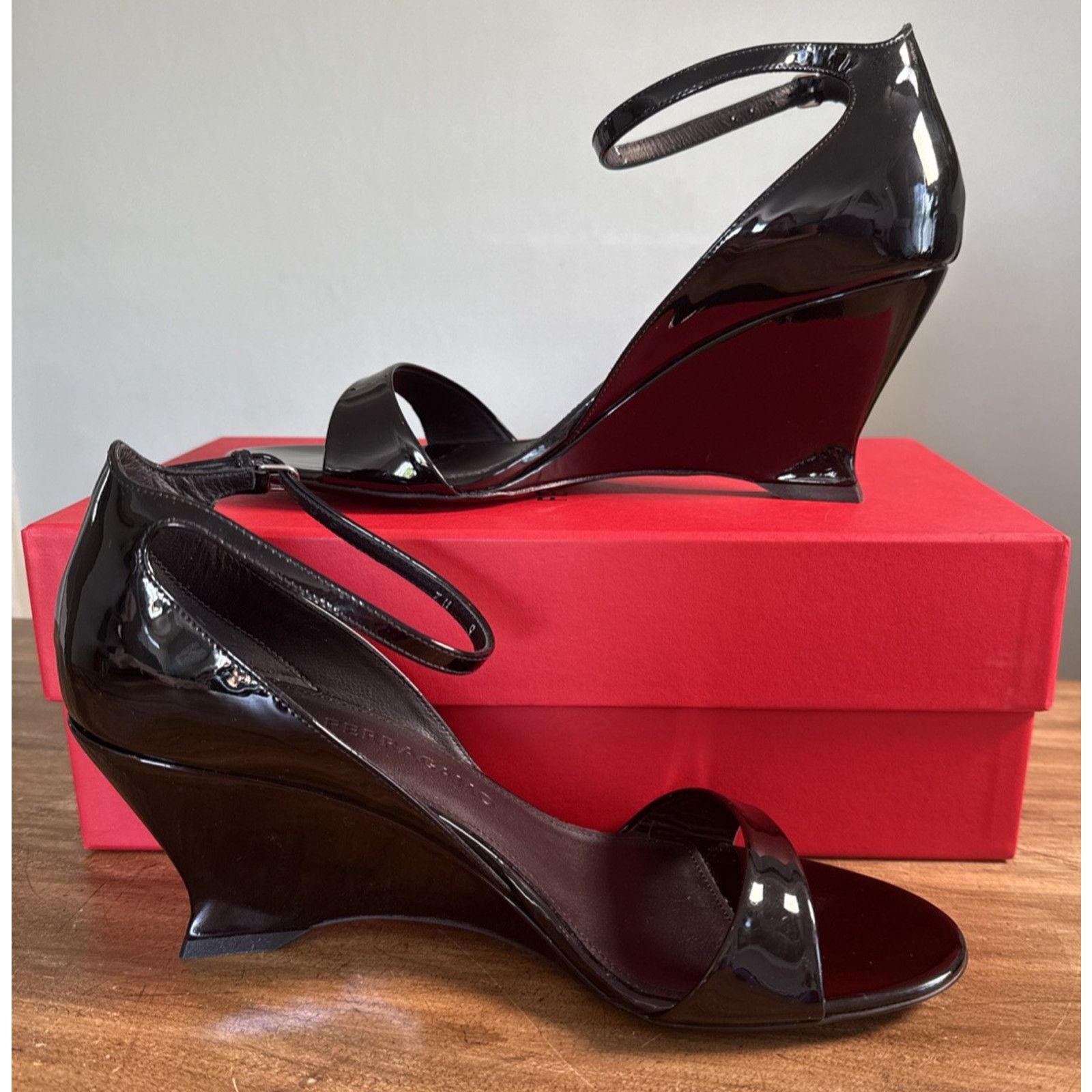 Salvatore Ferragamo Ferragamo Vidette Black Patent Leather Wedge Sandal Women 9C Size US 9 / IT 39 - 3 Thumbnail