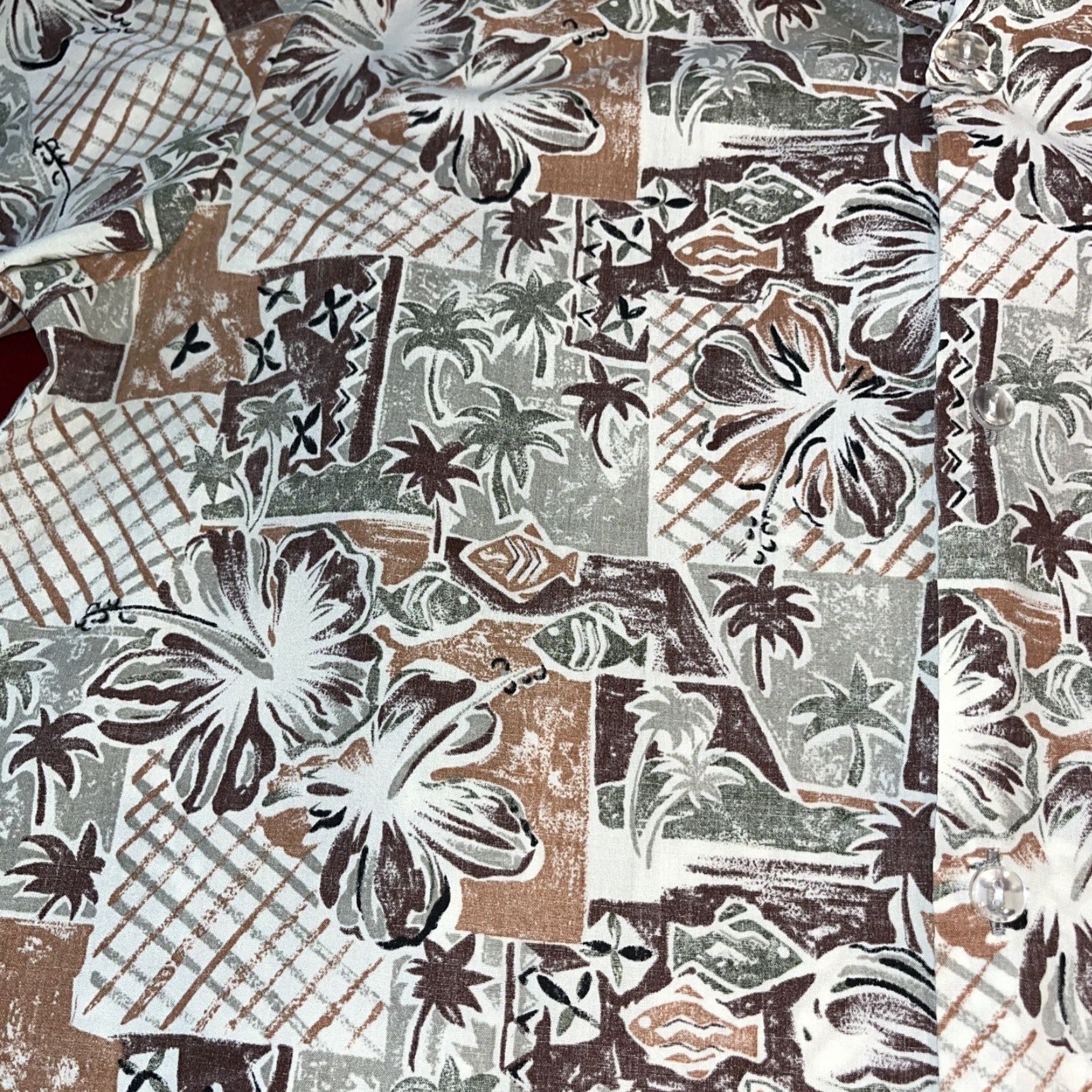 Vintage VINTAGE Royal Creations Hawaiian Shirt Button-Up Short Sleeve Mens M Tan Olive Brown Palm Trees Flowers Geometric Size US M / EU 48-50 / 2 - 4 Thumbnail