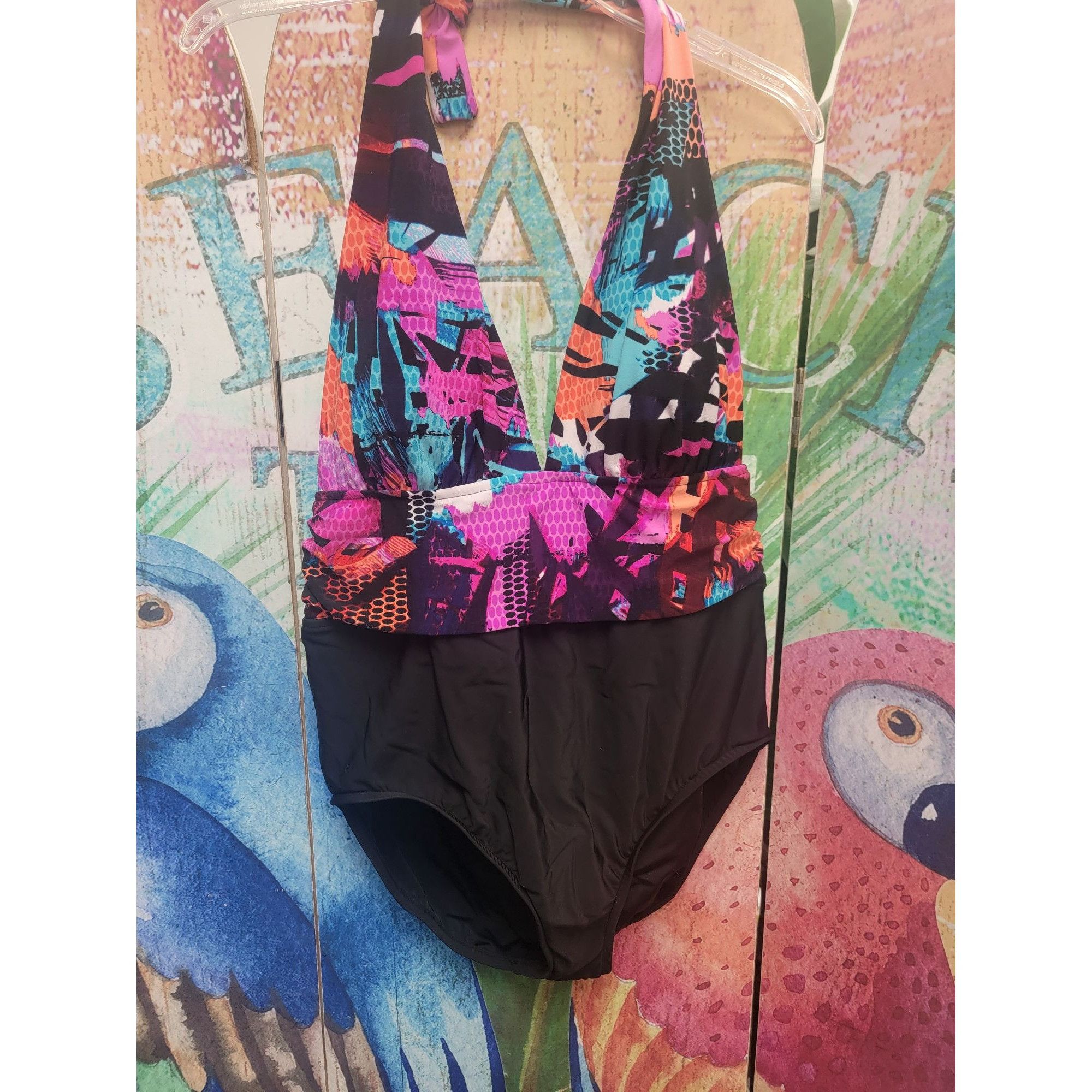 Other Aqua Green Womens Halter One-Piece Swimsuit With Black & Mul Size XL / US 12-14 / IT 48-50 - 4 Thumbnail
