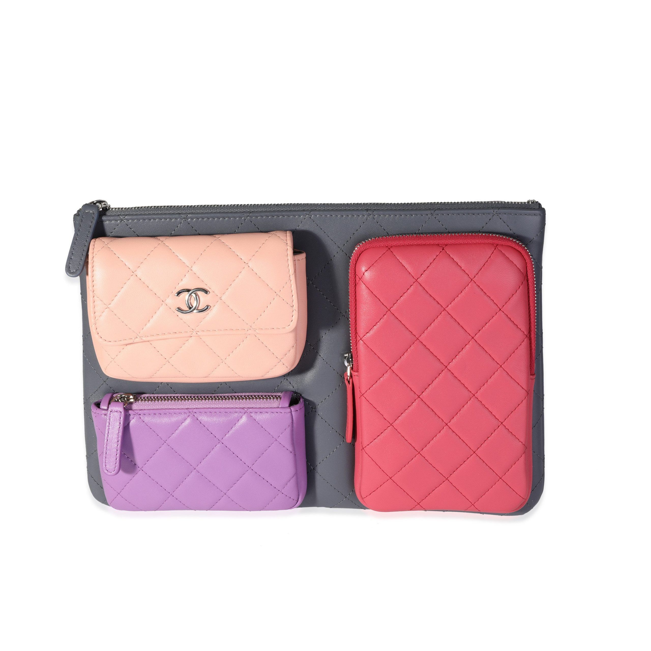 image of Chanel Multicolor Quilted Lambskin Multi-Pocket Zip Case in Red, Women's