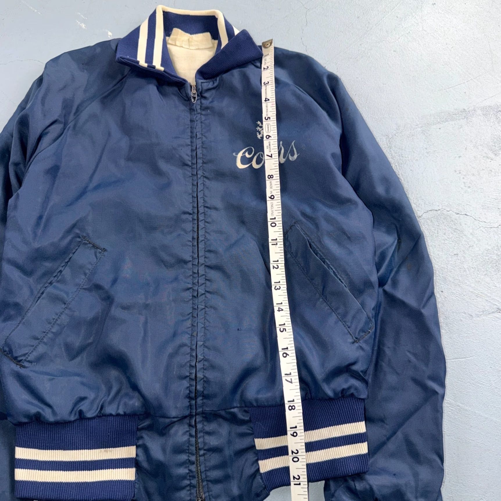 Vintage Vtg Coors Light Satin Poly Bomber Jacket Rockabilly Blue USA Talon 1960s 1970s Size US S / EU 44-46 / 1 - 4 Thumbnail