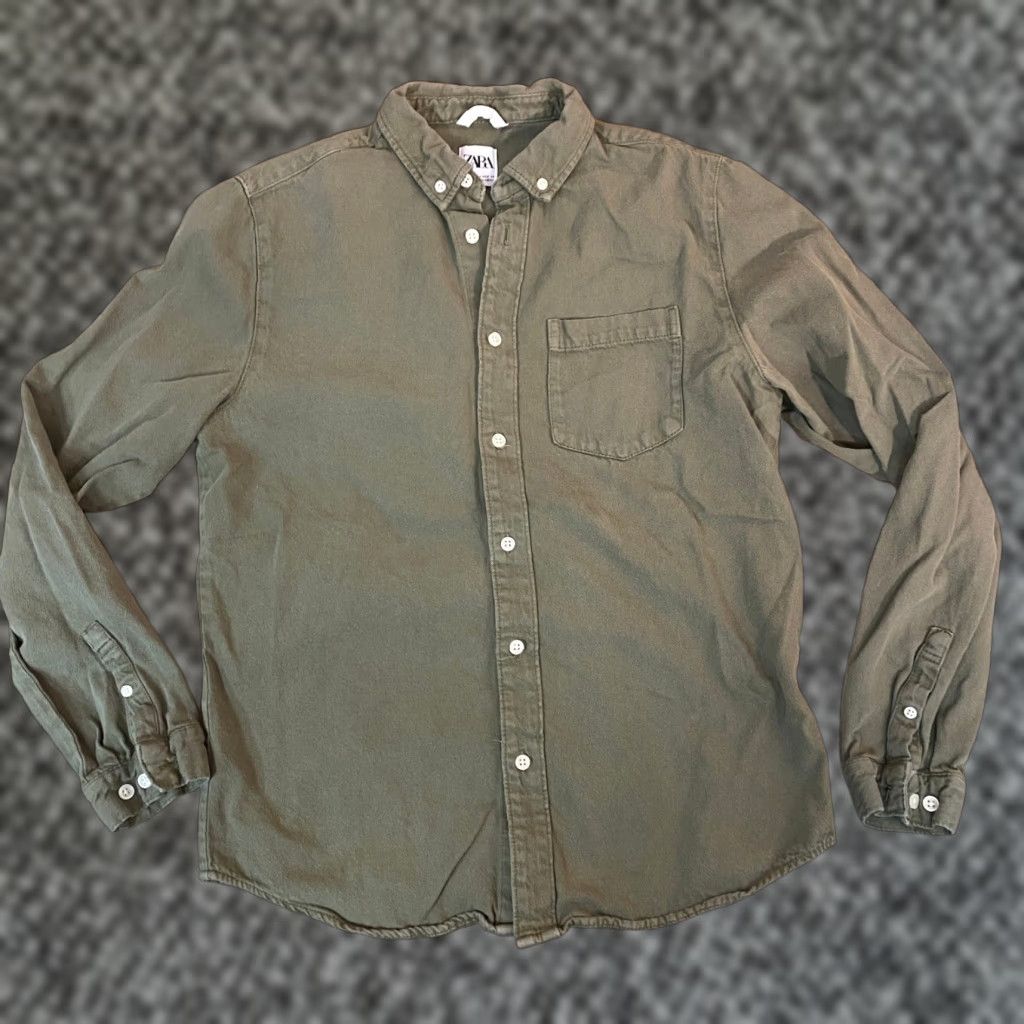 Zara Oxford Shirt Mens M Olive Green Long Sleeve Button Down Army (Size Medium)