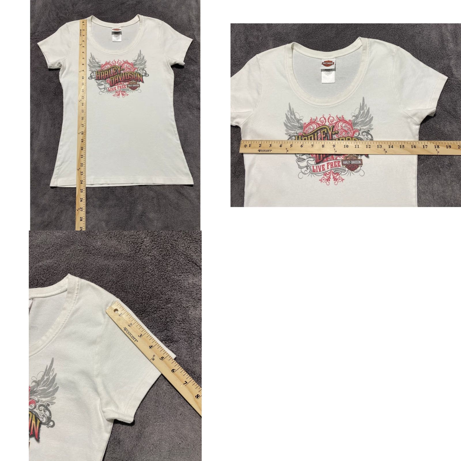 Harley Davidson Harley-Davidson Live Free Womens T Shirt L White Graphic Print Tee Casual Short Sleeve Scoop Neck Pullover Cotton Knit Classic Fit US Made City Limits Size L / US 10 / IT 46 - 8 Thumbnail