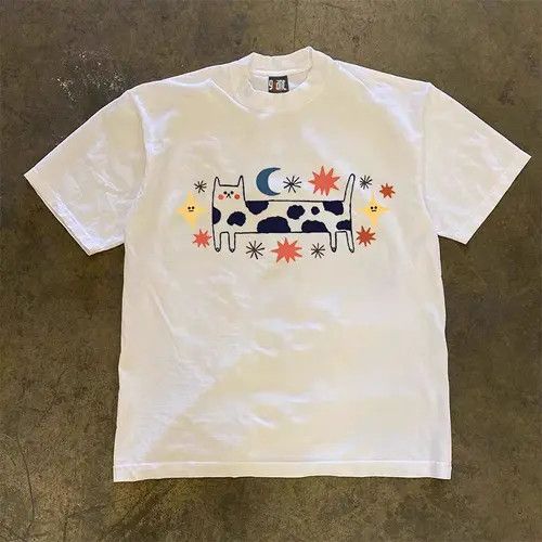 VIBE Spotted Cat Print Short Sleeve T-Shirt White Loose Size US XL / EU 56 / 4 - 6 Thumbnail