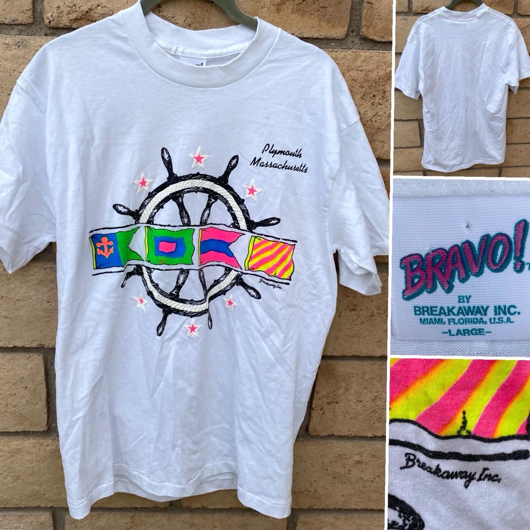 Nautica VINTAGE Bravo By Breakaway Inc T-Shirt Nautical White L Mens Plymouth Massachusetts Neon Graphics Tee Shirt Size US L / EU 52-54 / 3 - 2 Thumbnail