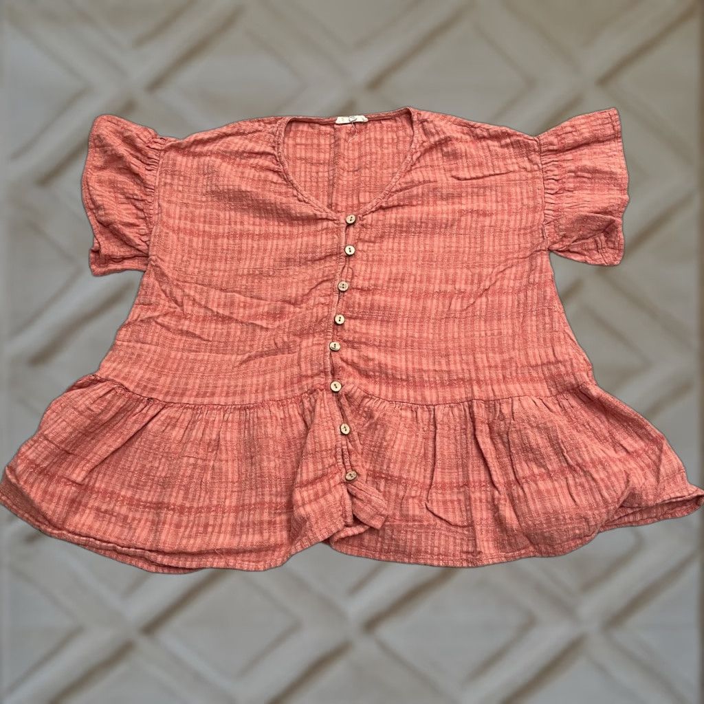 Vintage Easel Blouse Shirt Womens Small Orange Plaid Short Sleeve V-Neck Button Down Peplum Ruffle Casual Summer | Cotton Blend Size S / US 4 / IT 40 - 1 Thumbnail