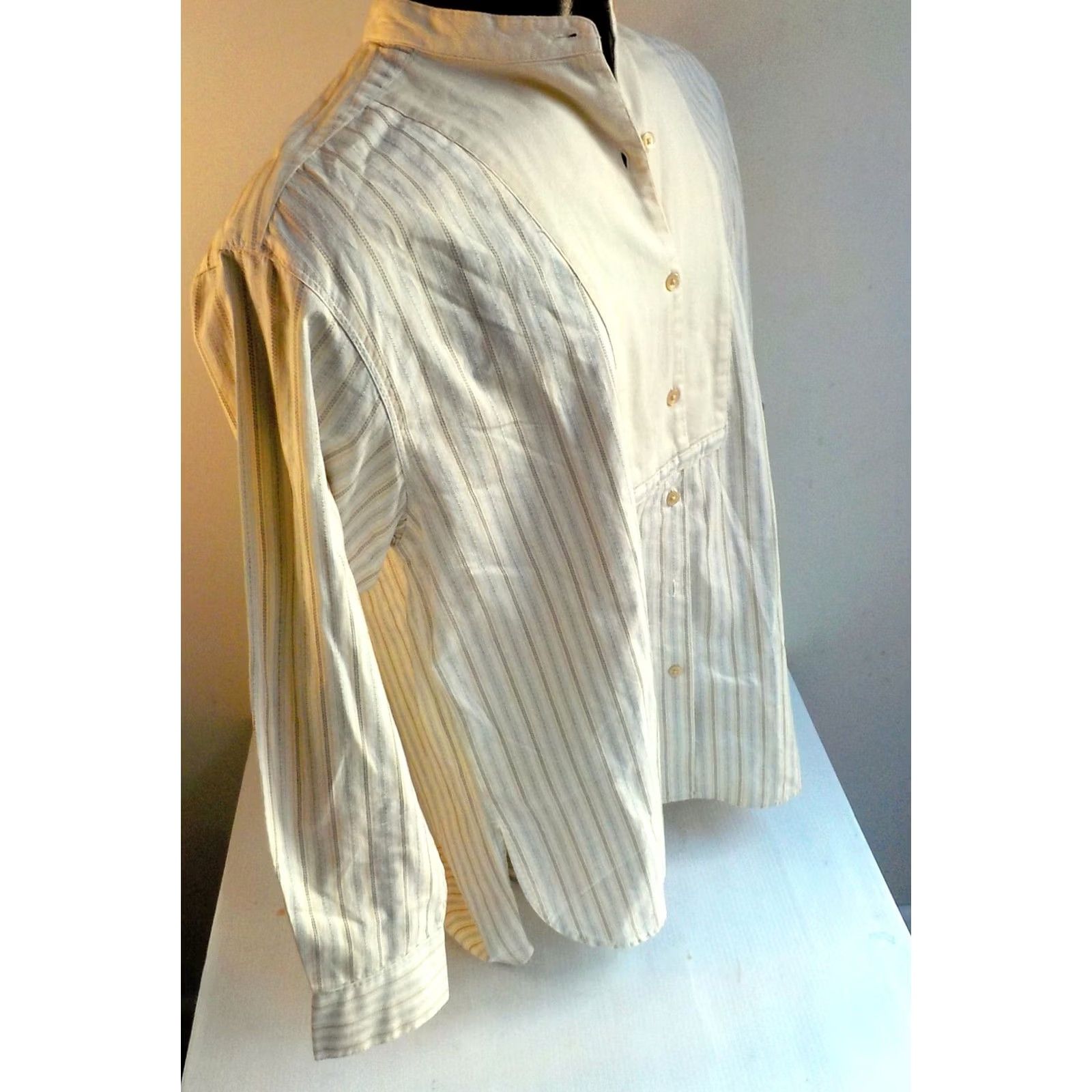 Gap GAP Blouse Striped Button Front Banded Collar 100% Cotton Beige/Light Blue SZ SMALL Womens Casual Shirt Size S / US 4 / IT 40 - 3 Thumbnail