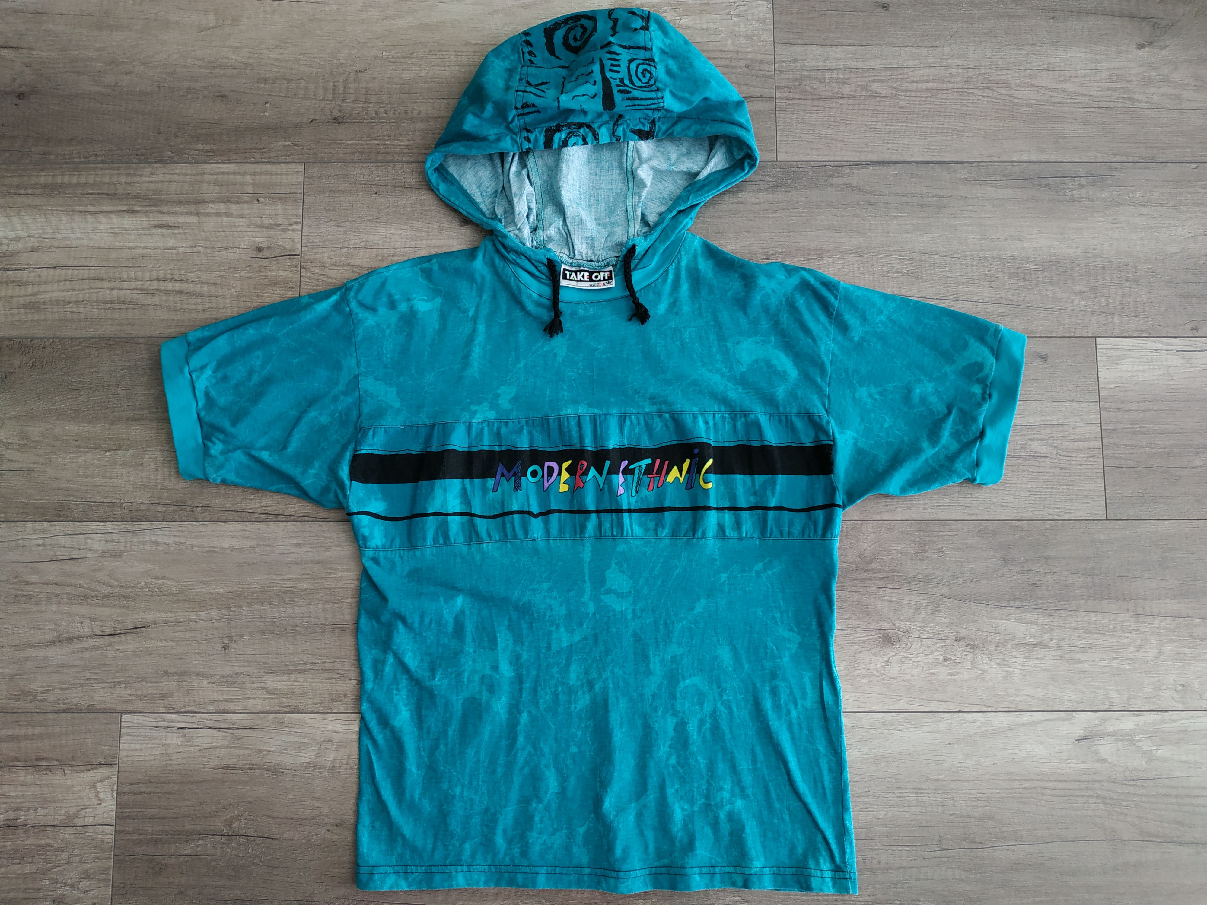 image of Adidas Originals 80's Vintage Men's Hooded T-Shirt, S. Xs/s in Blue Green (Size Small)