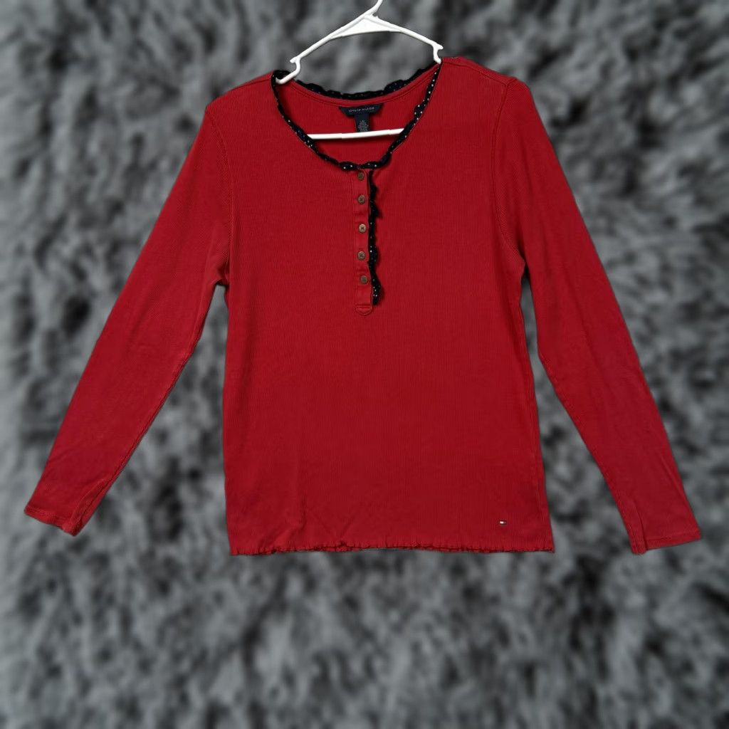 Tommy Hilfiger Tommy Hilfiger Top Womens Large Red Ribbed Lace Trim Henley Long Sleeve Preppy Size L / US 10 / IT 46 - 1 Thumbnail