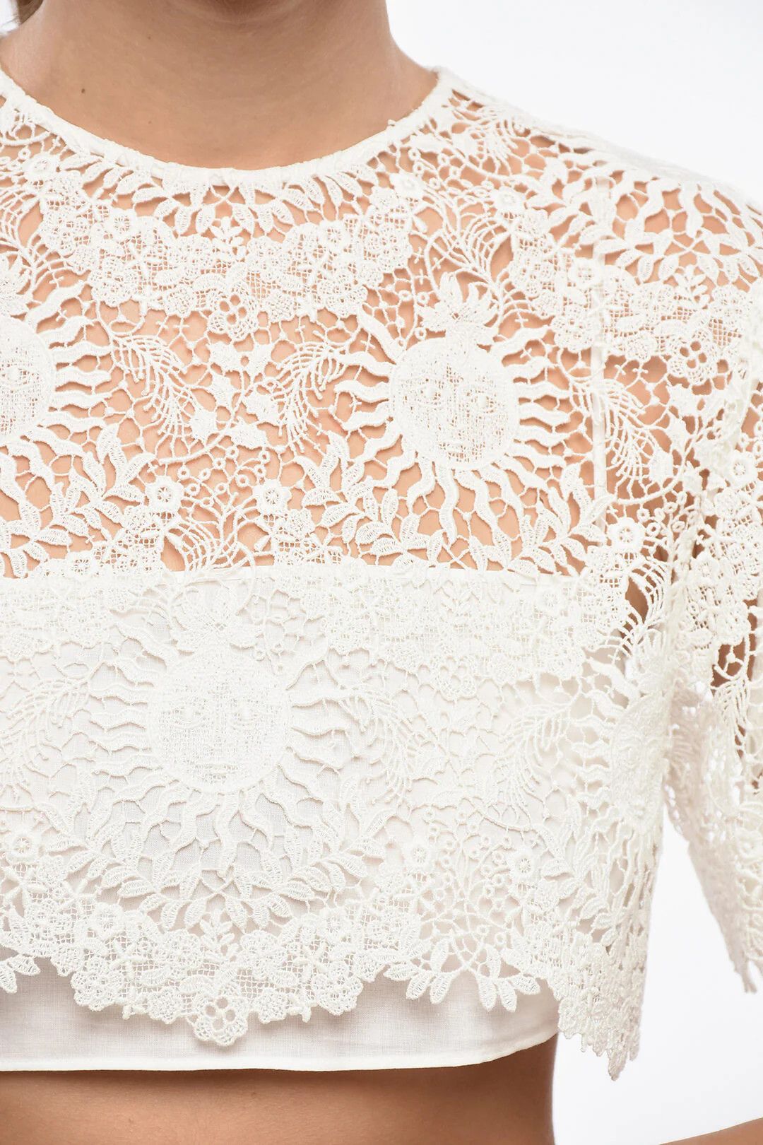 Dior o1mm0326 Cotton-Blend Short-Sleeve Macramé Crop Top in White Size M / US 6-8 / IT 42-44 - 3 Thumbnail