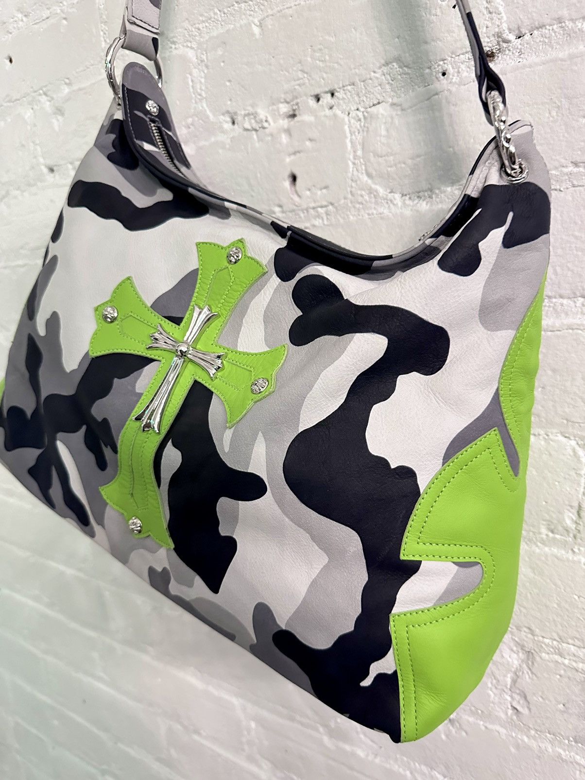 image of Chrome Hearts Limited Leather Lime Cross Patch Lyon Bag in Camo, Men's