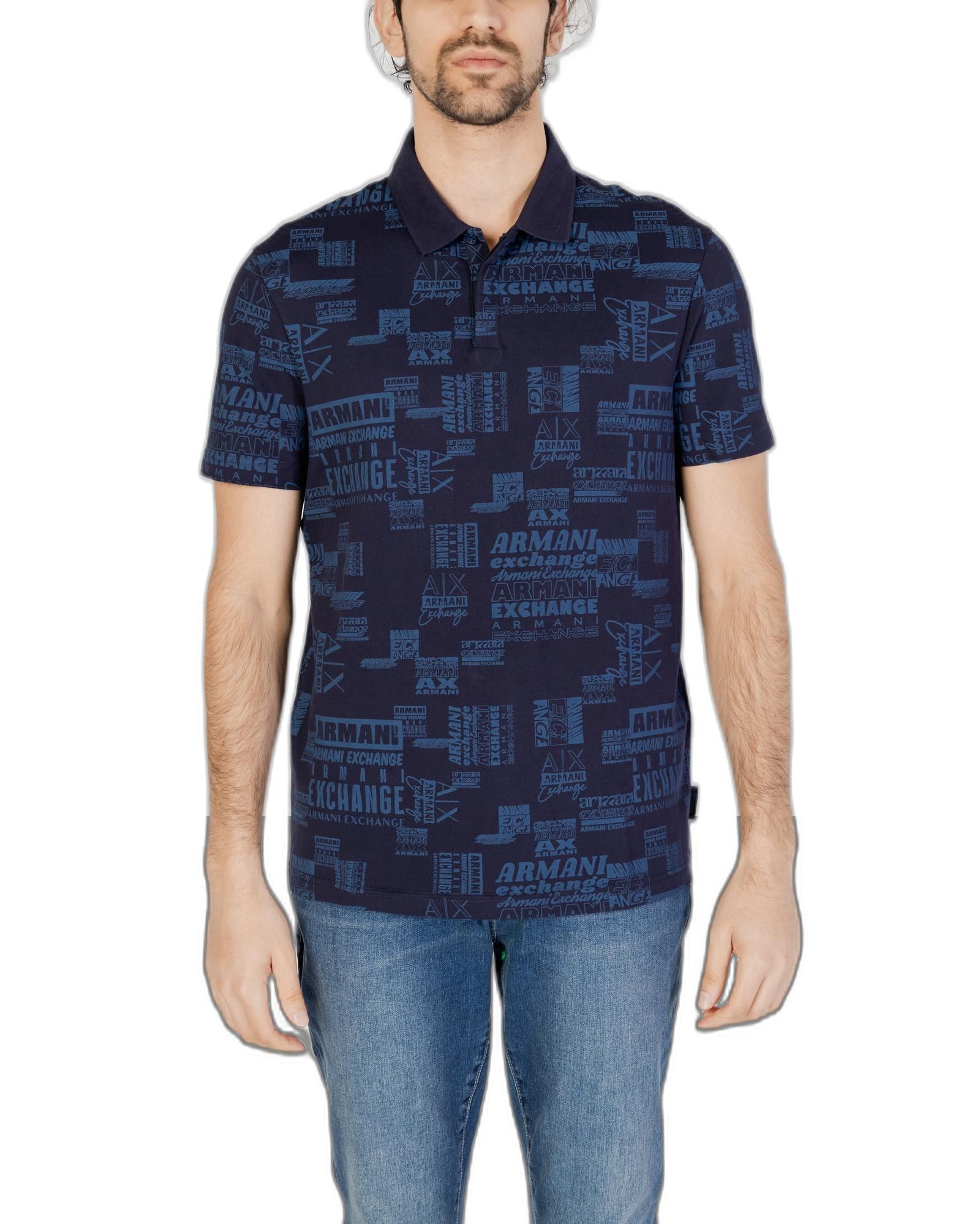 image of Armani Exchange Printed Polo Shirt With Button Fastening in Blue, Men's (Size Medium)