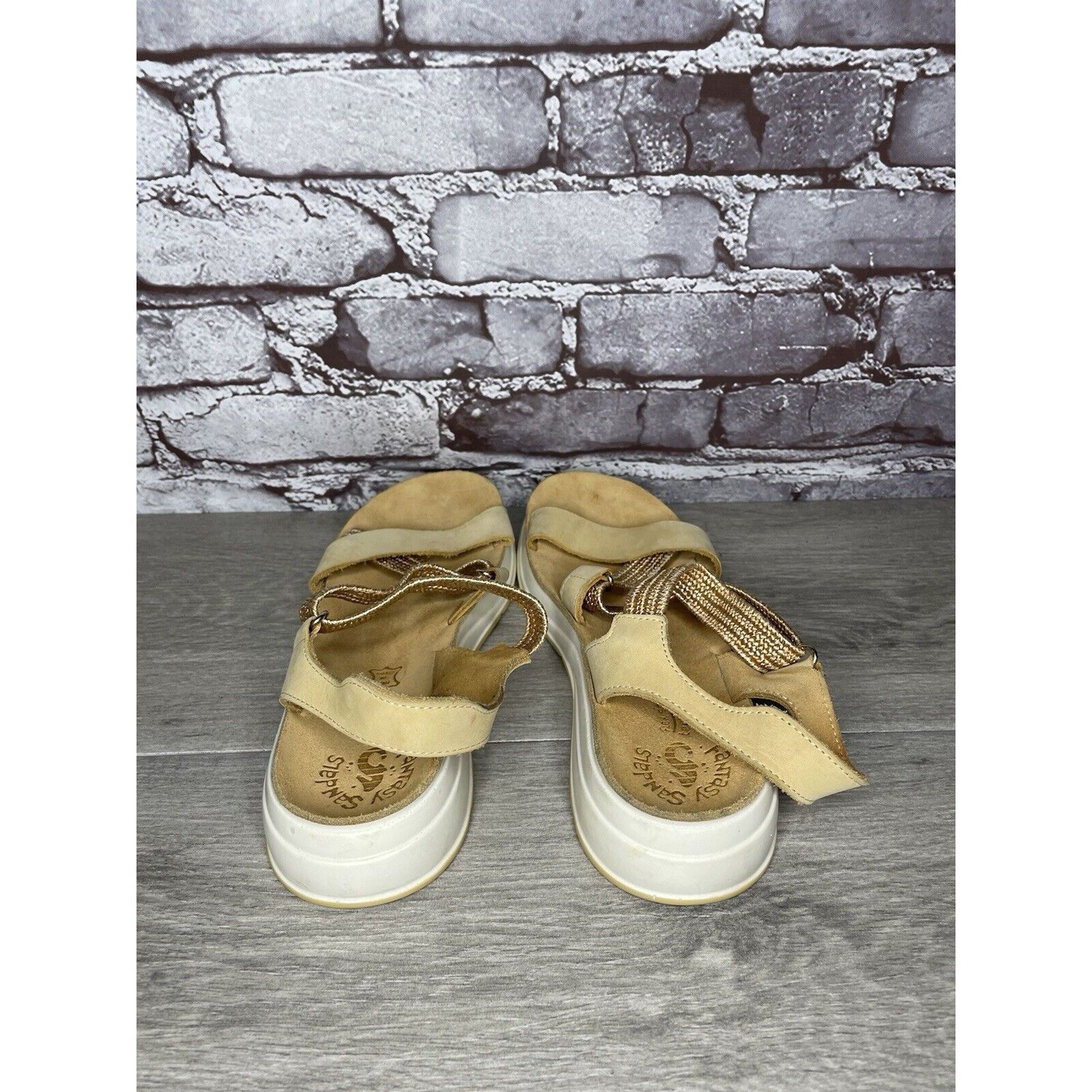Other Fantasy Sandals Tan Nubuck Fabric Cross Strap Wedge Flex Sol Size US 8.5 / IT 38.5 - 21 Thumbnail