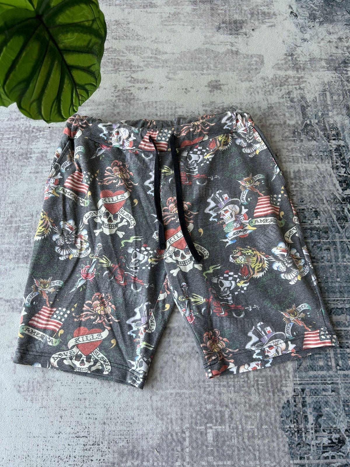 image of Ed Hardy Skulls Kills Love Monogram Short Pants in Black/Grey, Men's (Size 30)