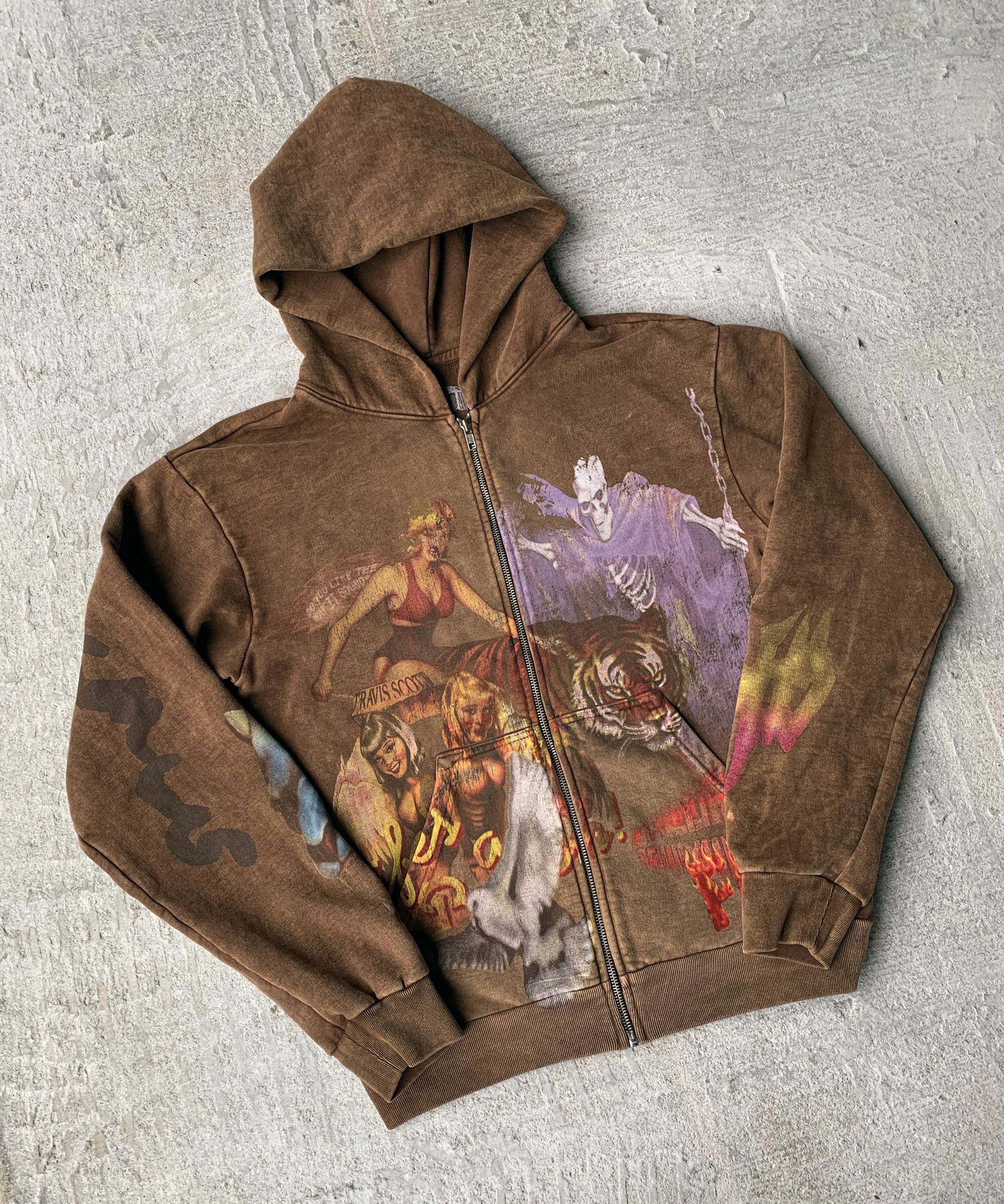 Image of Travis Scott Utopia Circus Maximus Zip Up Hoodie in Brown, Men's (Size Small)