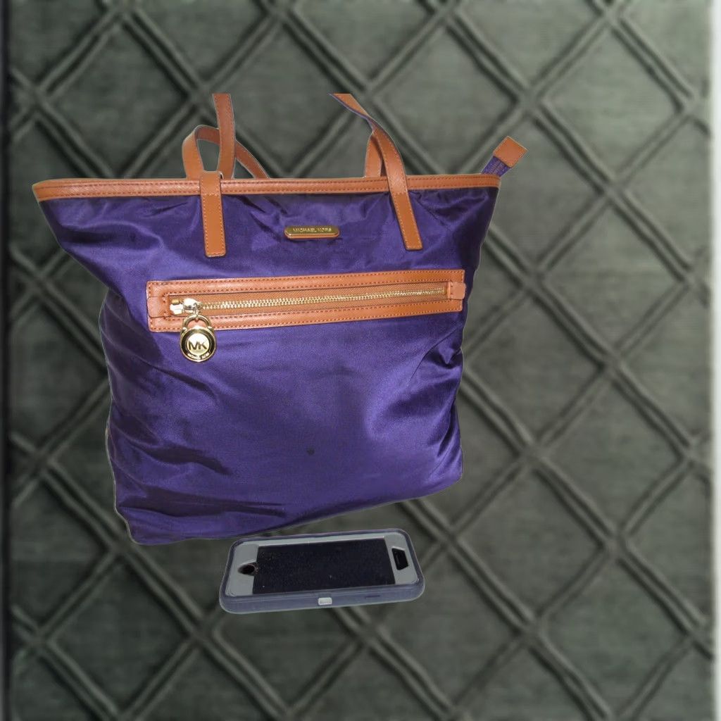 Michael Kors Michael Kors Purple Nylon Shoulder Bag with Brown Trims & Handle Women Size ONE SIZE - 1 Thumbnail
