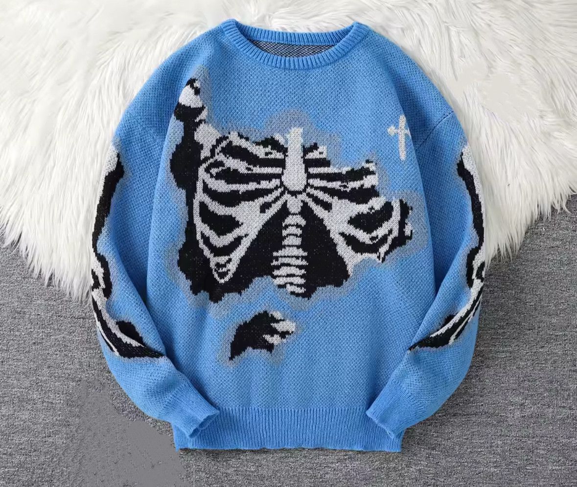 Japanese Brand Blue Skeleton X-Ray Pattern Sweater Jacquard Knit Sweatshirt Size US S / EU 44-46 / 1 - 1 Thumbnail
