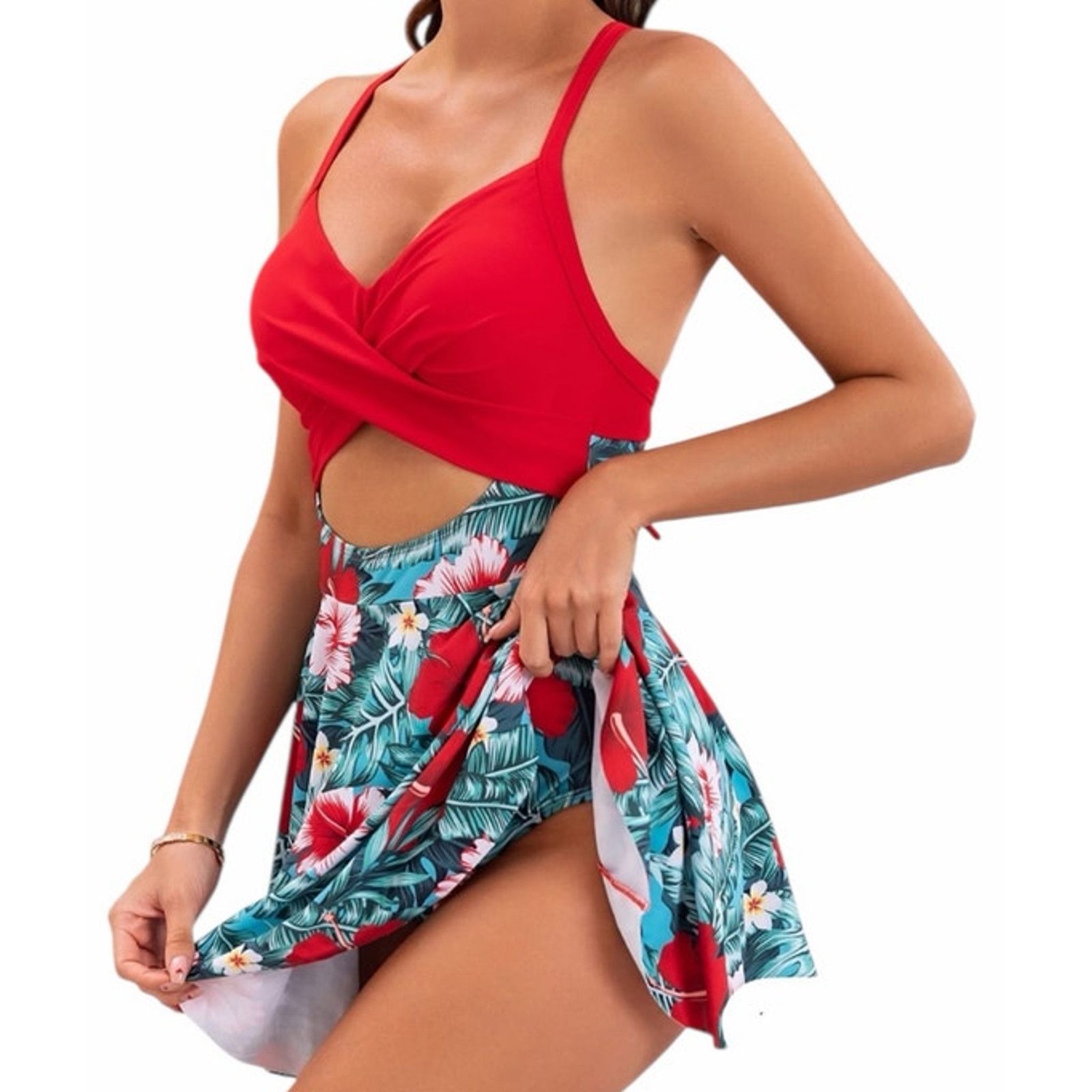 Other B2prity Red Blue One Piece Skirt V-Neck Wrap Back Swimsuit Size ONE SIZE - 2 Thumbnail