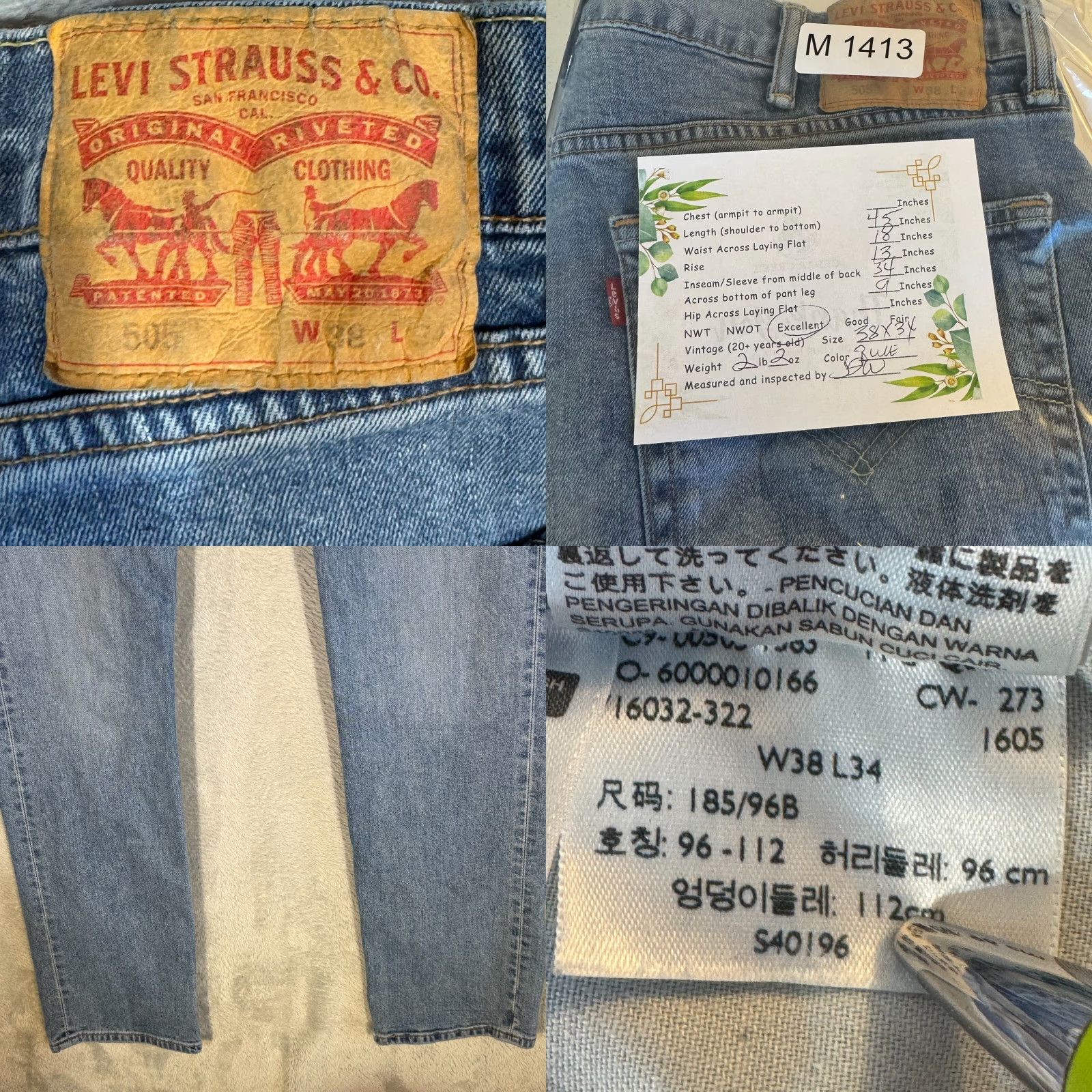 Levi's Levi’s 505 Jeans Men’s 38x34 Blue Denim Stretch Mid-Rise Straight Leg Vintage No Size US 38 / EU 54 - 8 Thumbnail