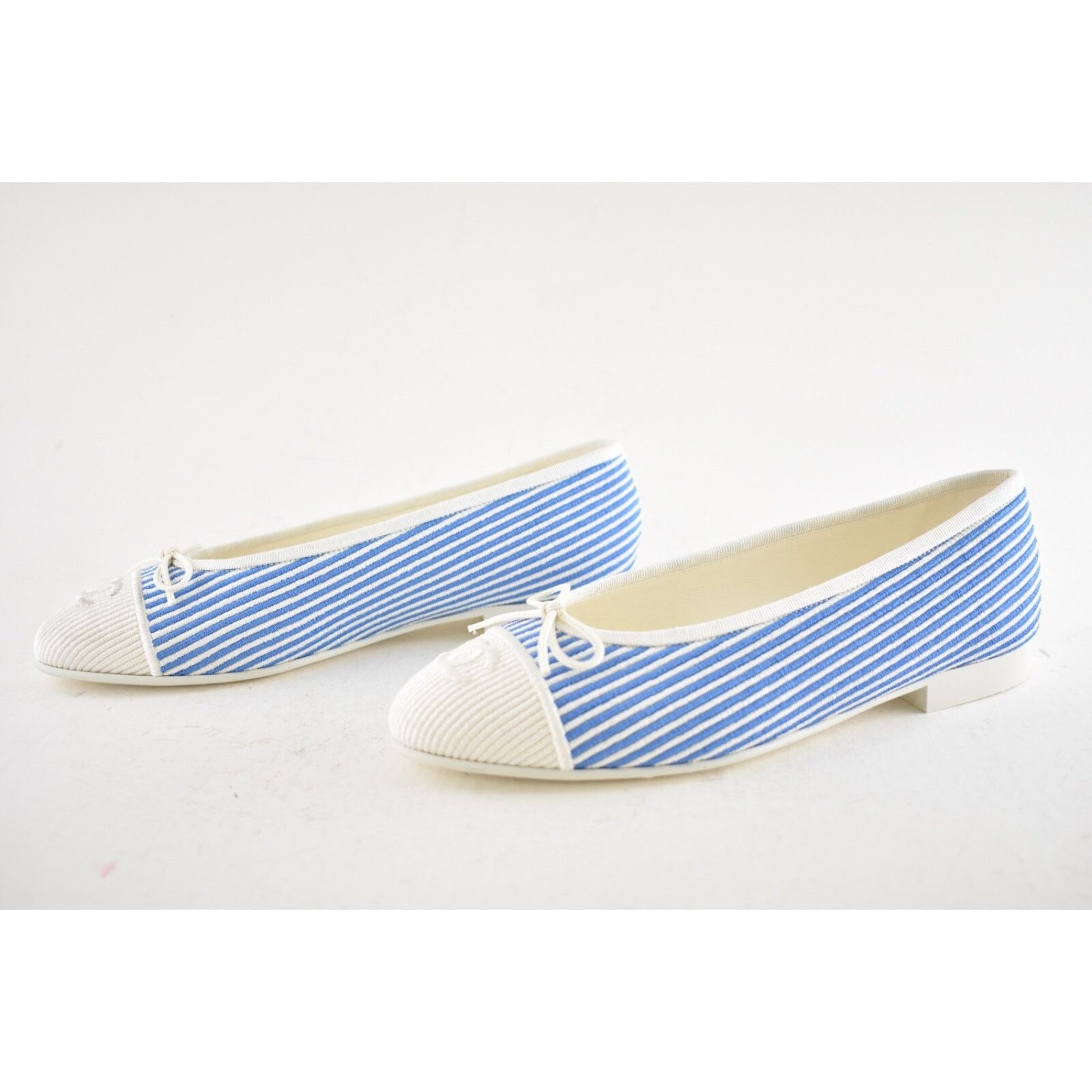 Chanel Chanel 24S Blue White Pinstripe Stripe CC Logo Bow Ballet Size US 7.5 / IT 37.5 - 13 Thumbnail
