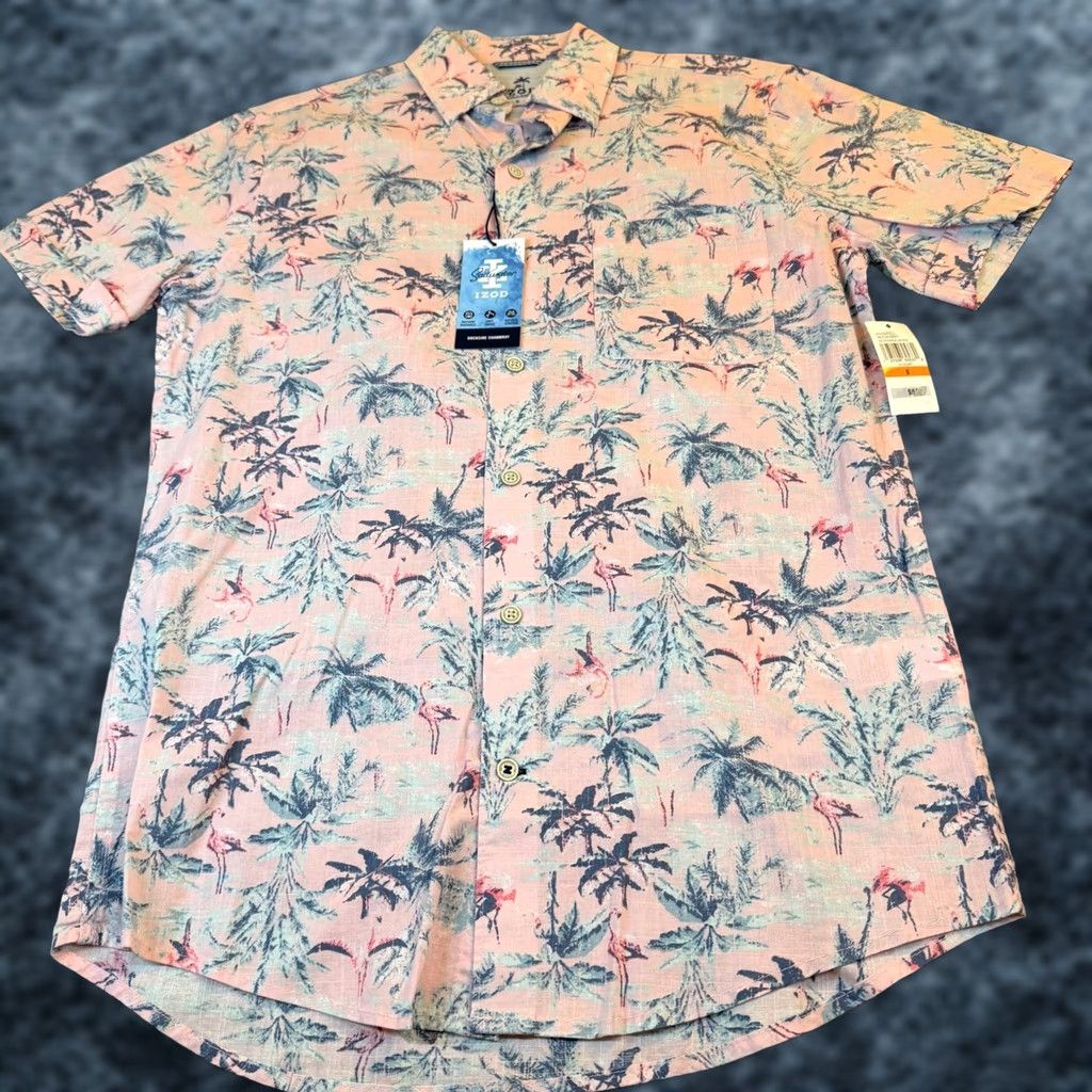 Izod VINTAGE IZOD Saltwater Button-Down Shirt Pink Flamingo Palm Tree Print Mens S NWT Size US S / EU 44-46 / 1 - 1 Thumbnail
