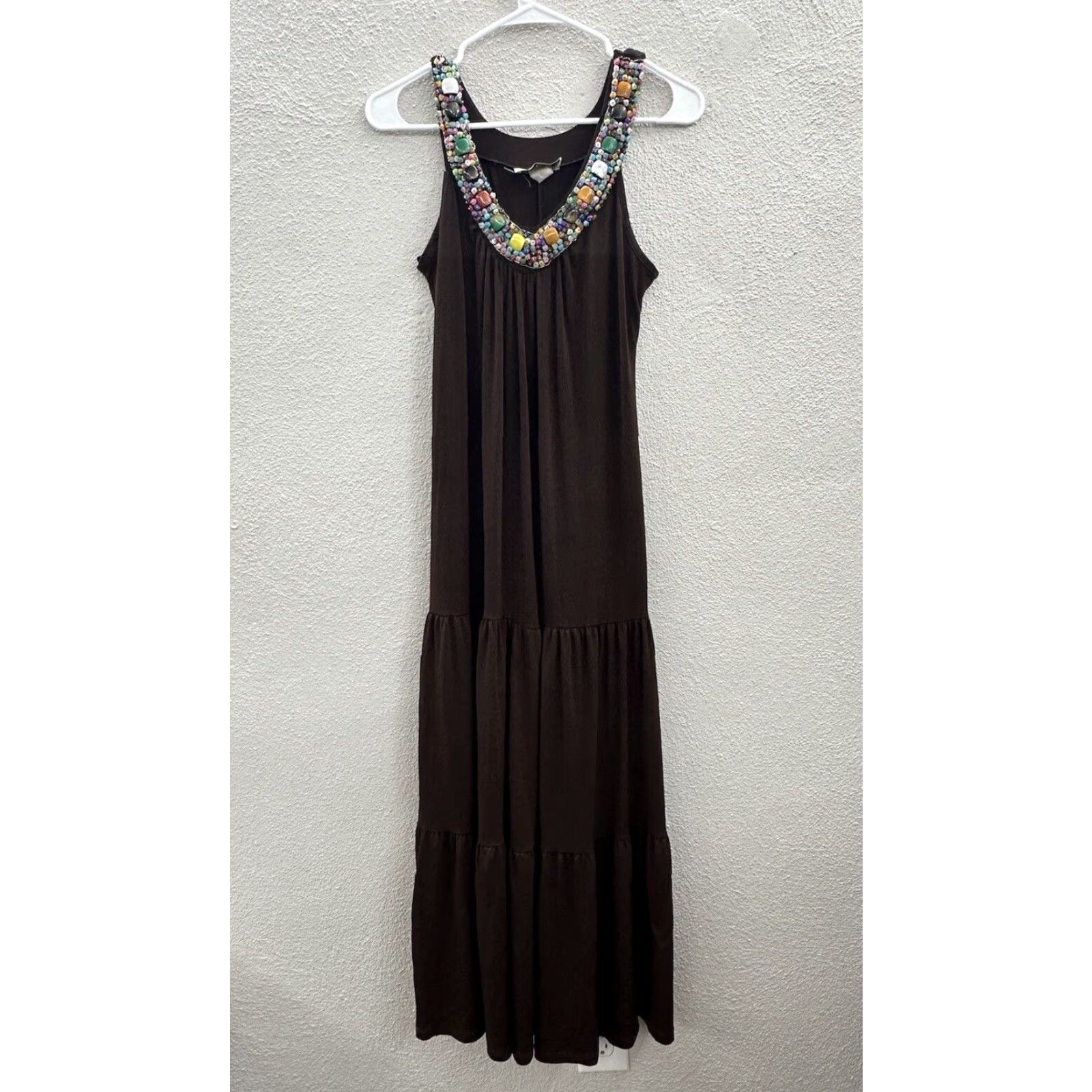 Vintage Carrie Allen Womens Maxi Dress Brown Gemmed V-Neckline Dress Maxi Sleeveless M Womens Brown Gemmed V-Neckline Carrie Allen Maxi Dress Size M / US 6-8 / IT 42-44 - 2 Thumbnail
