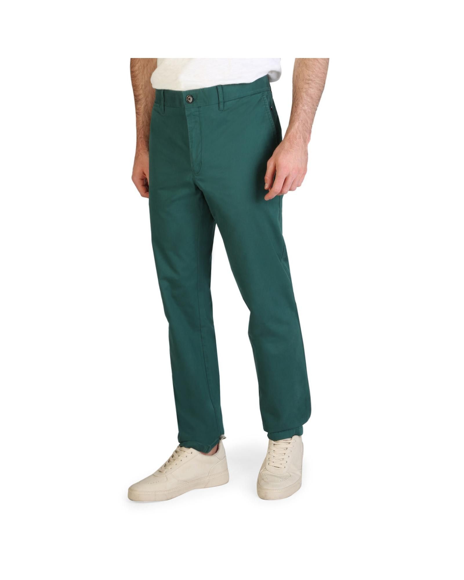 image of Tommy Hilfiger Logo Detail Cotton Slim Fit Trousers in Green, Men's (Size 38)