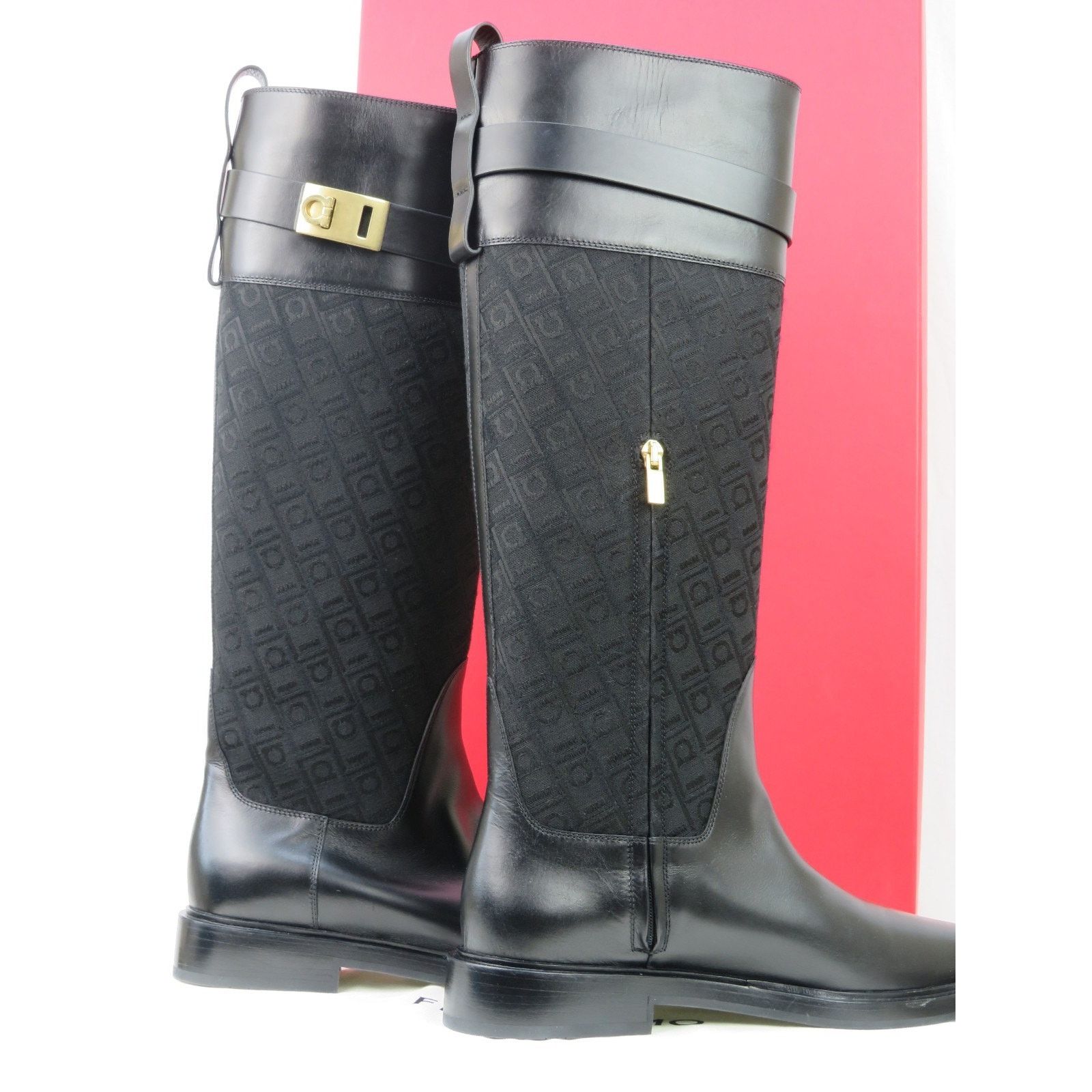 Salvatore Ferragamo FERRAGAMO ROLY BLACK LEATHER SUEDE GANCINI TALL BOOTS 8.5 C Size US 8.5 / IT 38.5 - 5 Thumbnail