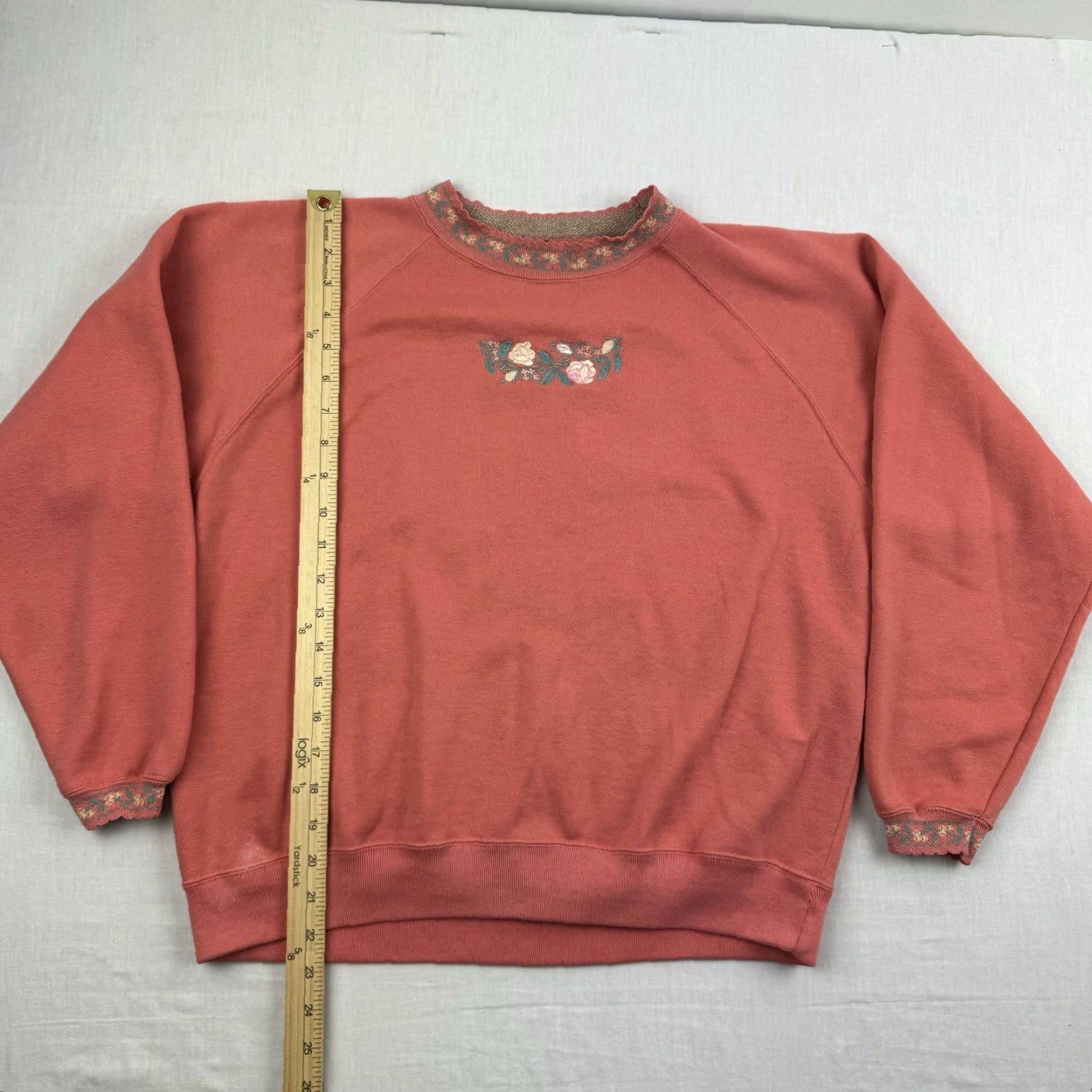 VINTAGE Madeira Sweatshirt Womens M Orange Floral 90s Lady Flower Accents Crew Neck Pullover